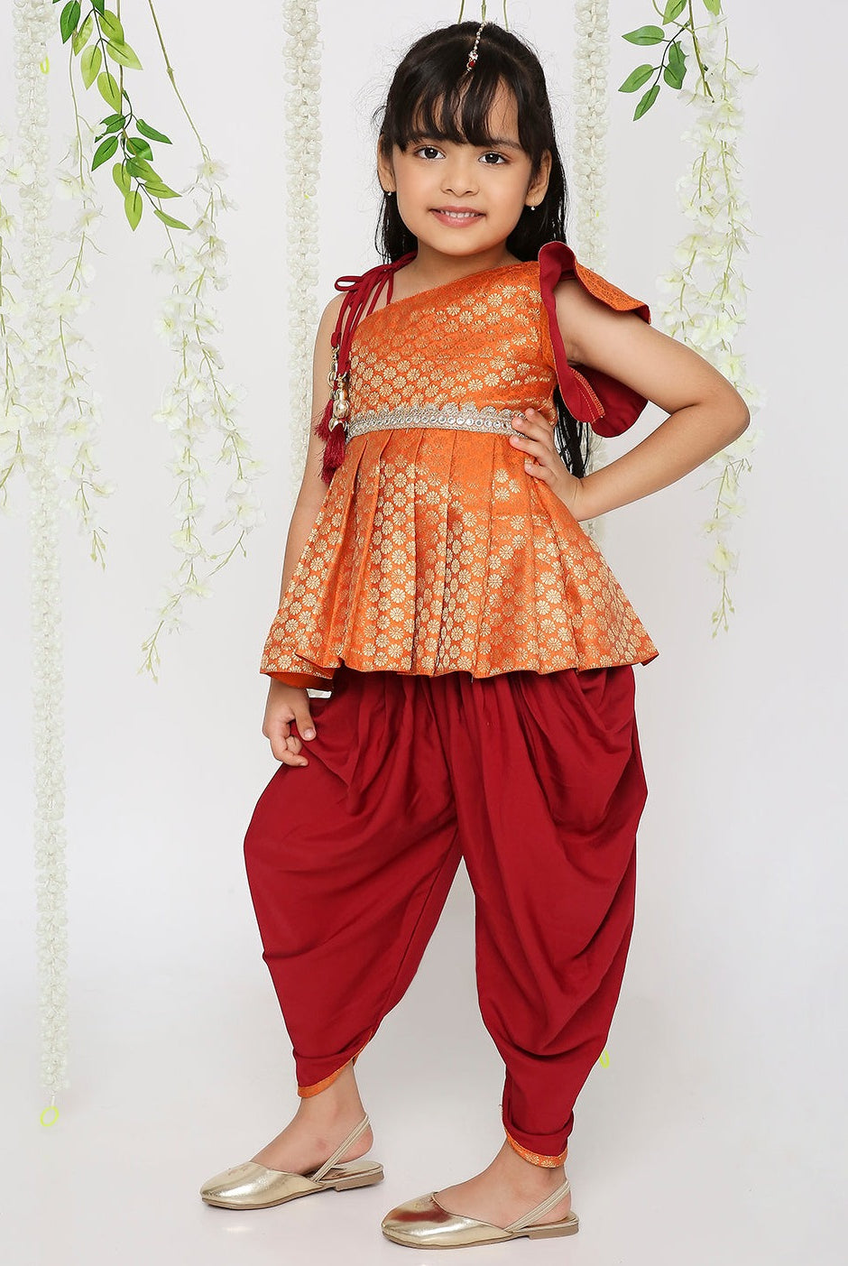 Sitara Pepulum top with dhoti in Red for girls