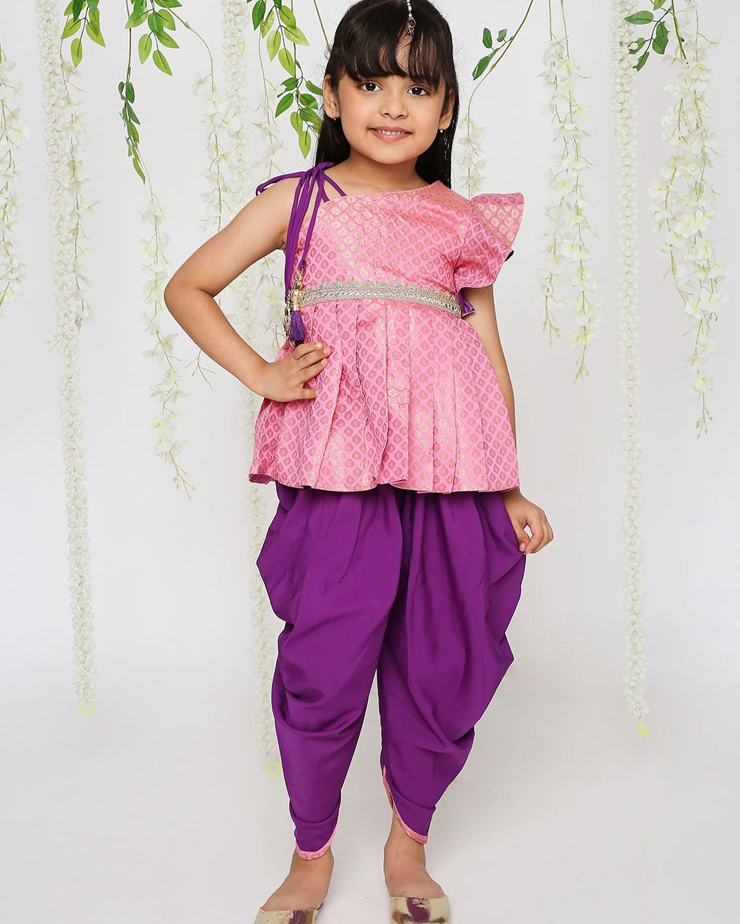Sitara Pepulum top with dhoti in pink for girls
