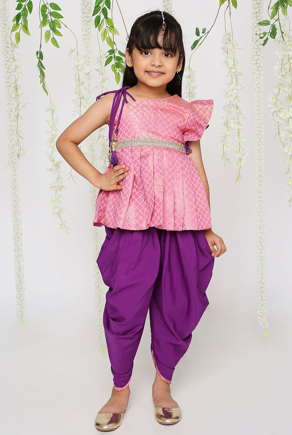 Sitara Pepulum top with dhoti in pink for girls