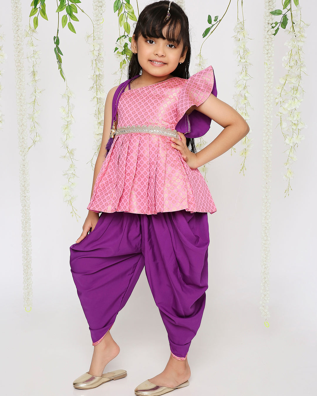Sitara Pepulum top with dhoti in pink for girls