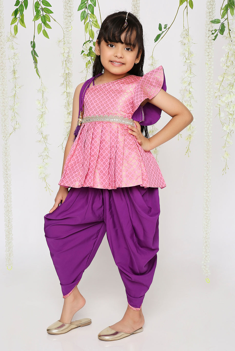 Sitara Pepulum top with dhoti in pink for girls