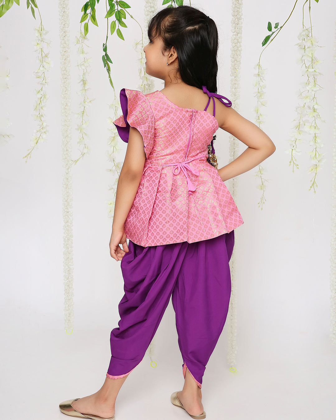 Sitara Pepulum top with dhoti in pink for girls
