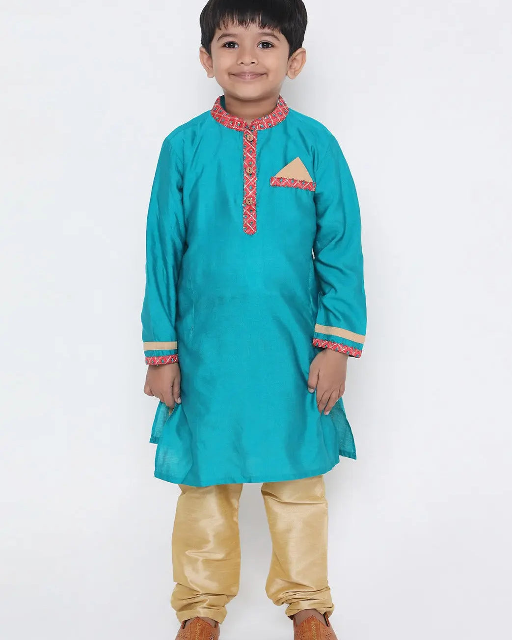 Kanha peacock blue silk kurta set for boys