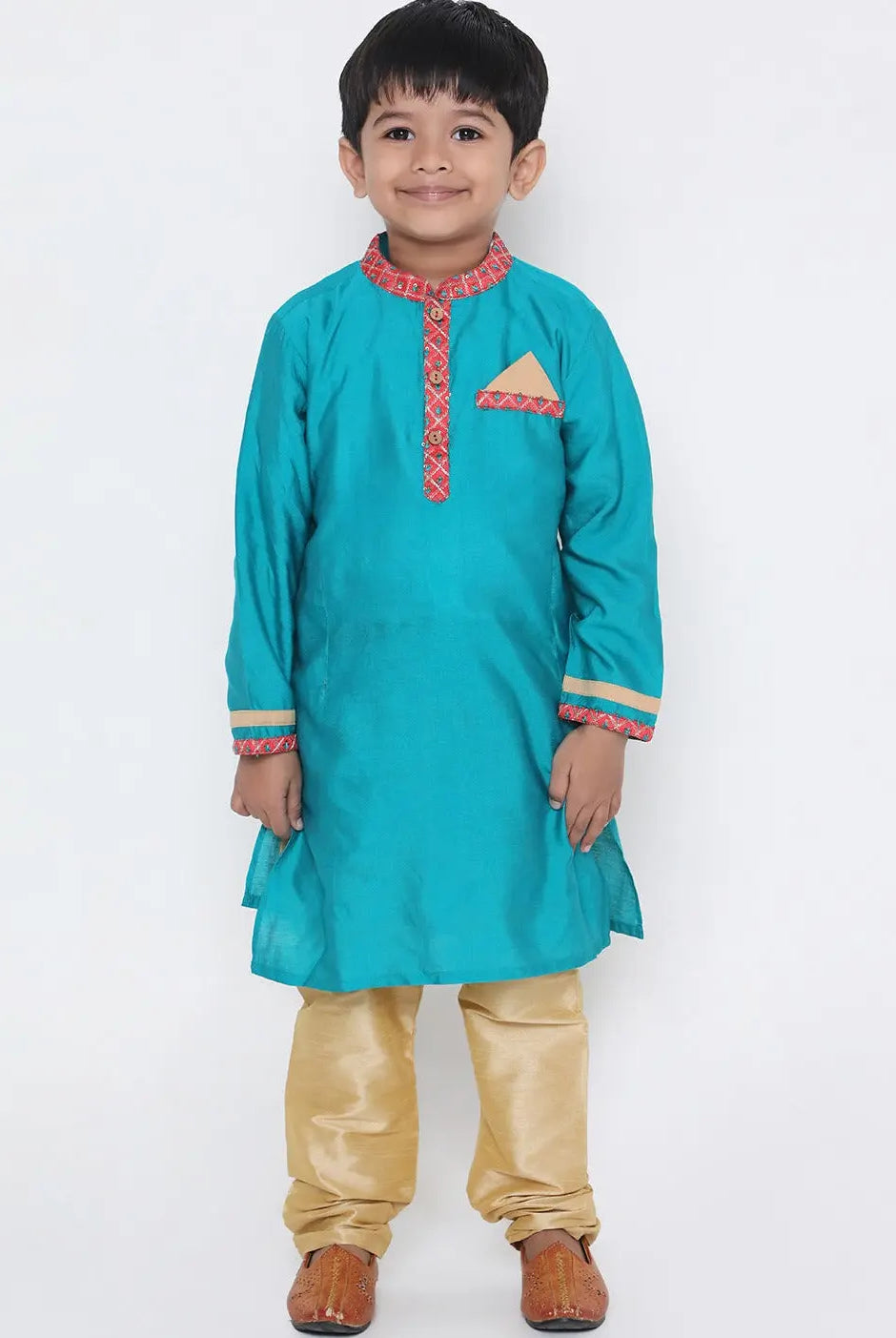 Kanha peacock blue silk kurta set for boys