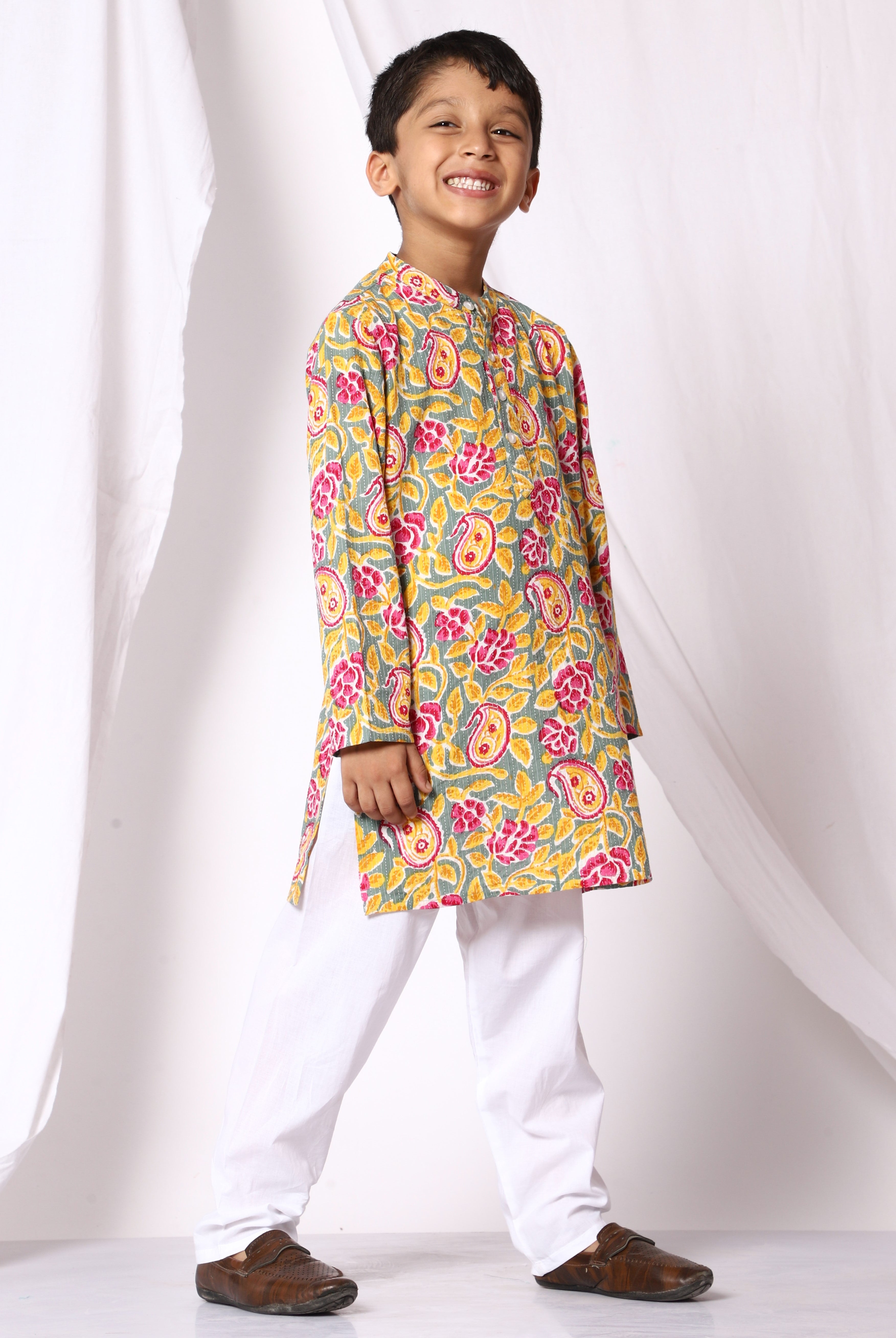 Floral Boys Cotton Kurta And Pajama - Yellow