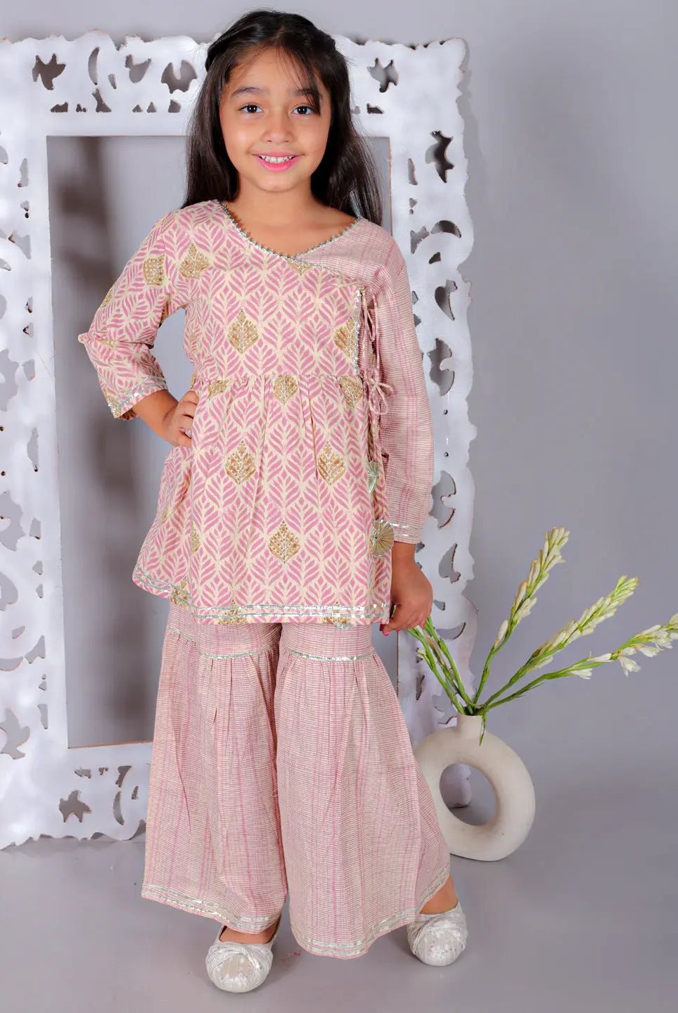 Simran Girls Cotton Angrakha Kurta and Sharara - Pink Ka-mee