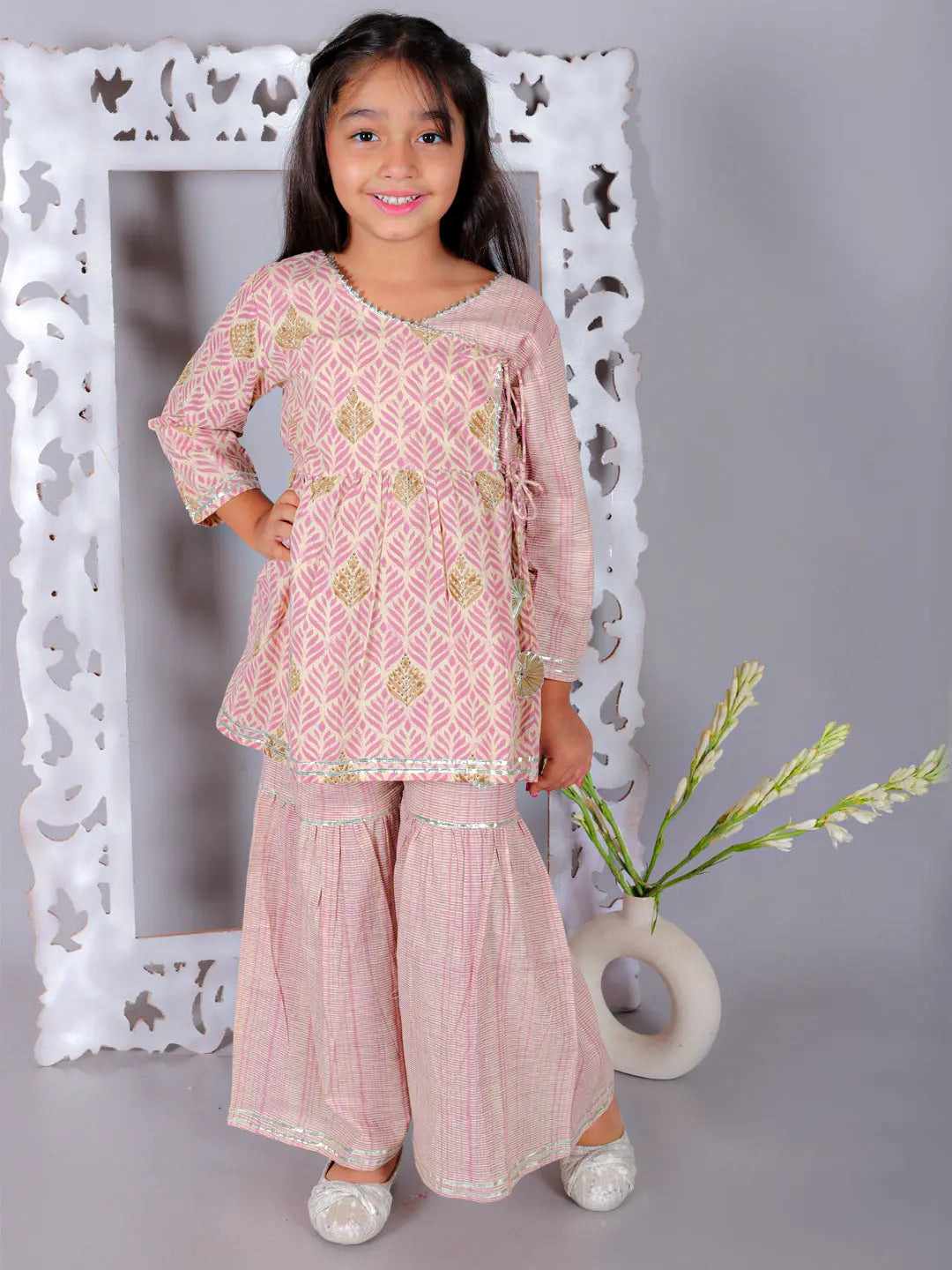 Simran Girls Cotton Angrakha Kurta and Sharara - Pink Ka-mee
