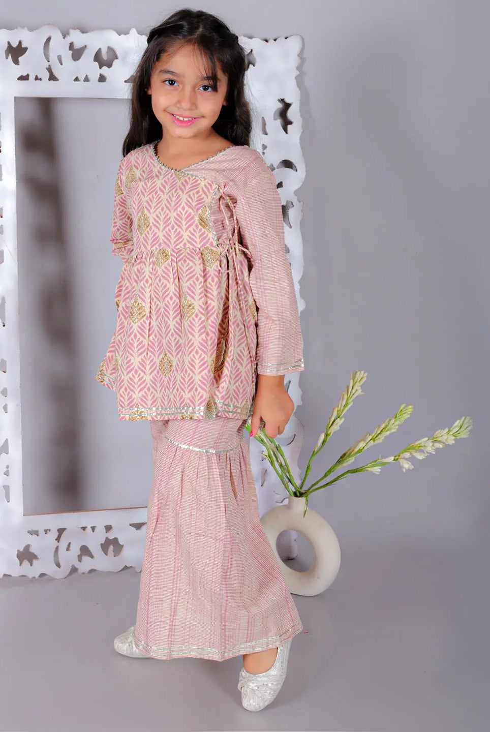 Simran Girls Cotton Angrakha Kurta and Sharara - Pink Ka-mee