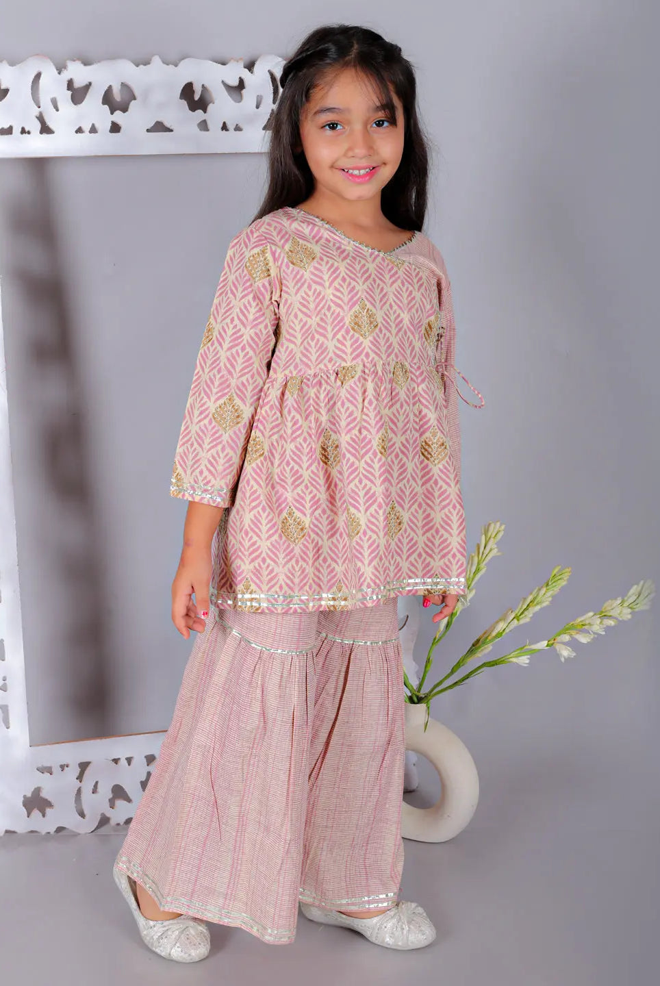 Simran Girls Cotton Angrakha Kurta and Sharara - Pink Ka-mee