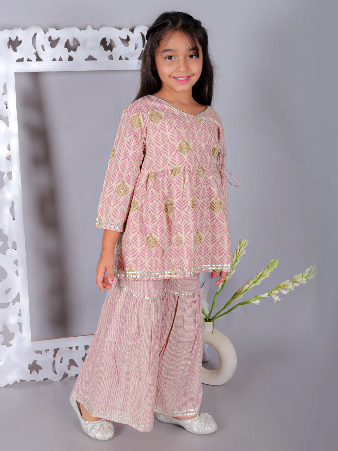 Simran Girls Cotton Angrakha Kurta and Sharara - Pink Ka-mee