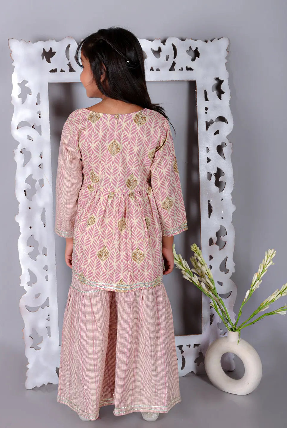Simran Girls Cotton Angrakha Kurta and Sharara - Pink Ka-mee