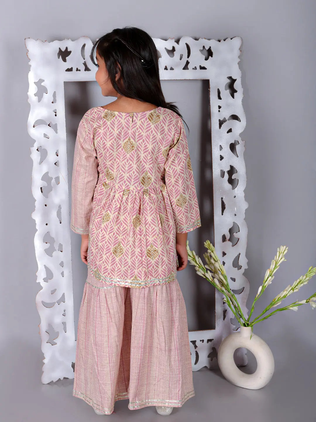 Simran Girls Cotton Angrakha Kurta and Sharara - Pink Ka-mee