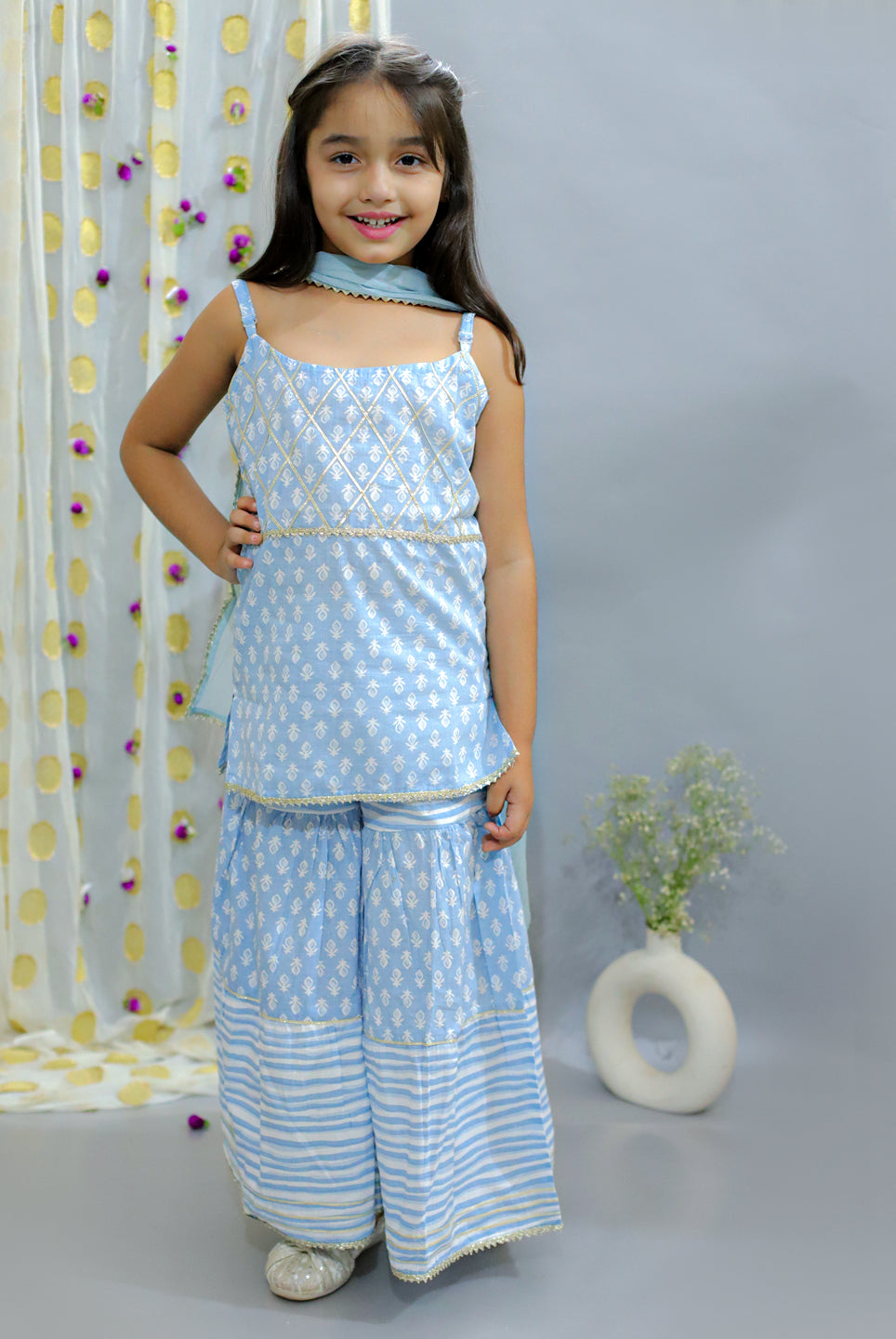 Cotton Cloud Girls Sleeveless Kurta Sharara with Dupatta - Blue