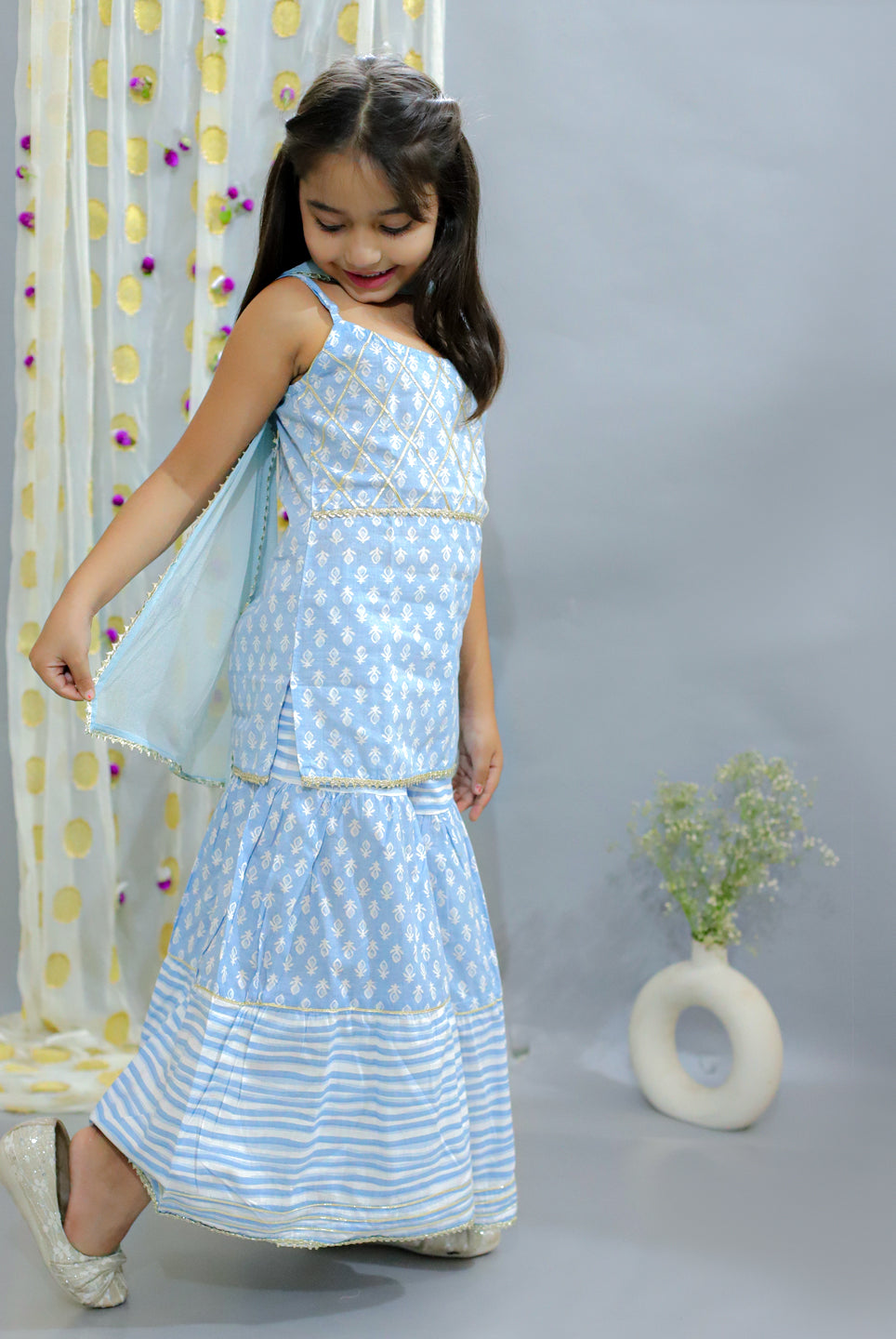 Cotton Cloud Girls Sleeveless Kurta Sharara with Dupatta - Blue