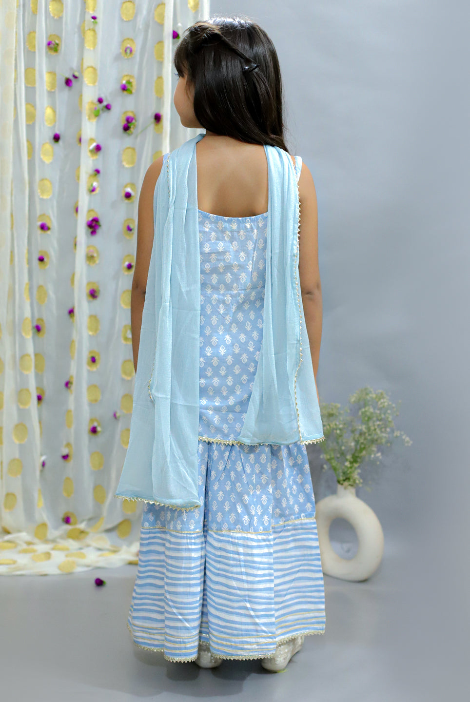 Cotton Cloud Girls Sleeveless Kurta Sharara with Dupatta - Blue