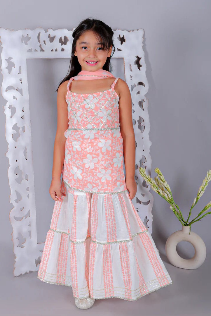 Ka-mee Girls Cotton Sleeveless Kurta Sharara with Dupatta - Peach 1