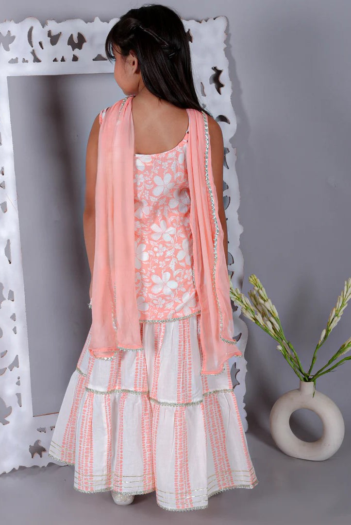 Ka-mee Girls Cotton Sleeveless Kurta Sharara with Dupatta - Peach 4