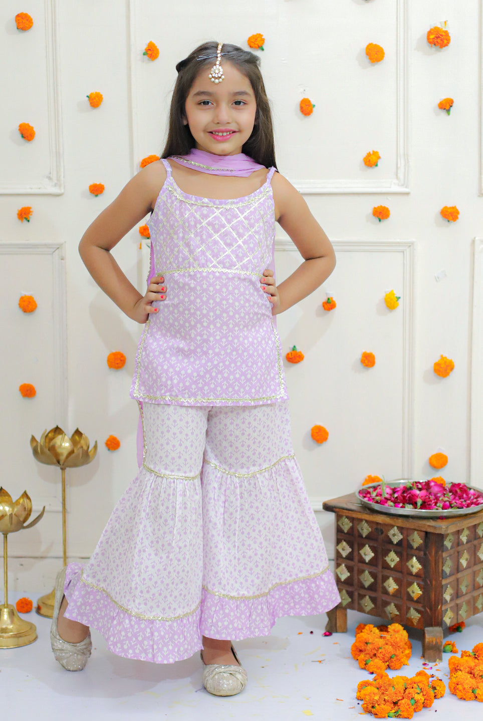 Sheena Girls Cotton Sleeveless Kurta Sharara with Dupatta - Purple