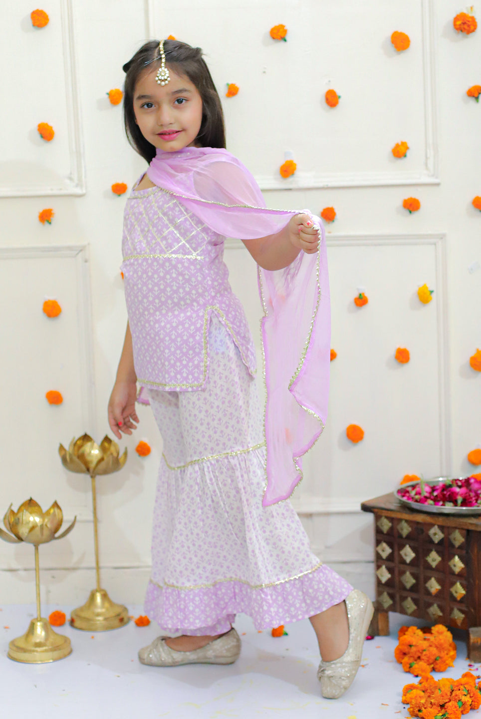 Sheena Girls Cotton Sleeveless Kurta Sharara with Dupatta - Purple