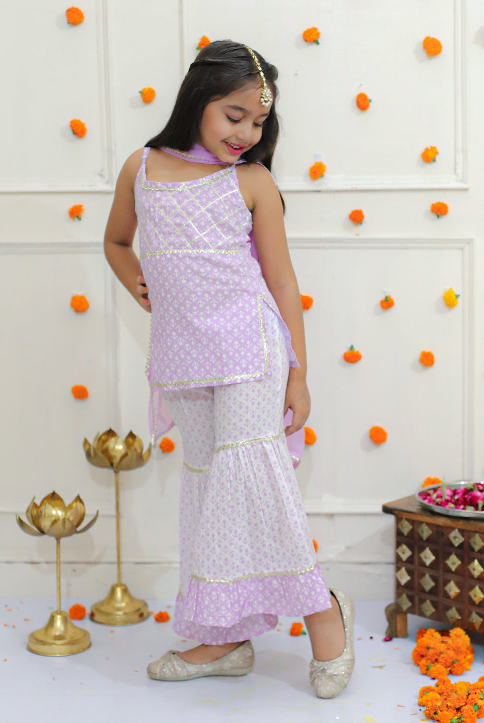 Sheena Girls Cotton Sleeveless Kurta Sharara with Dupatta - Purple