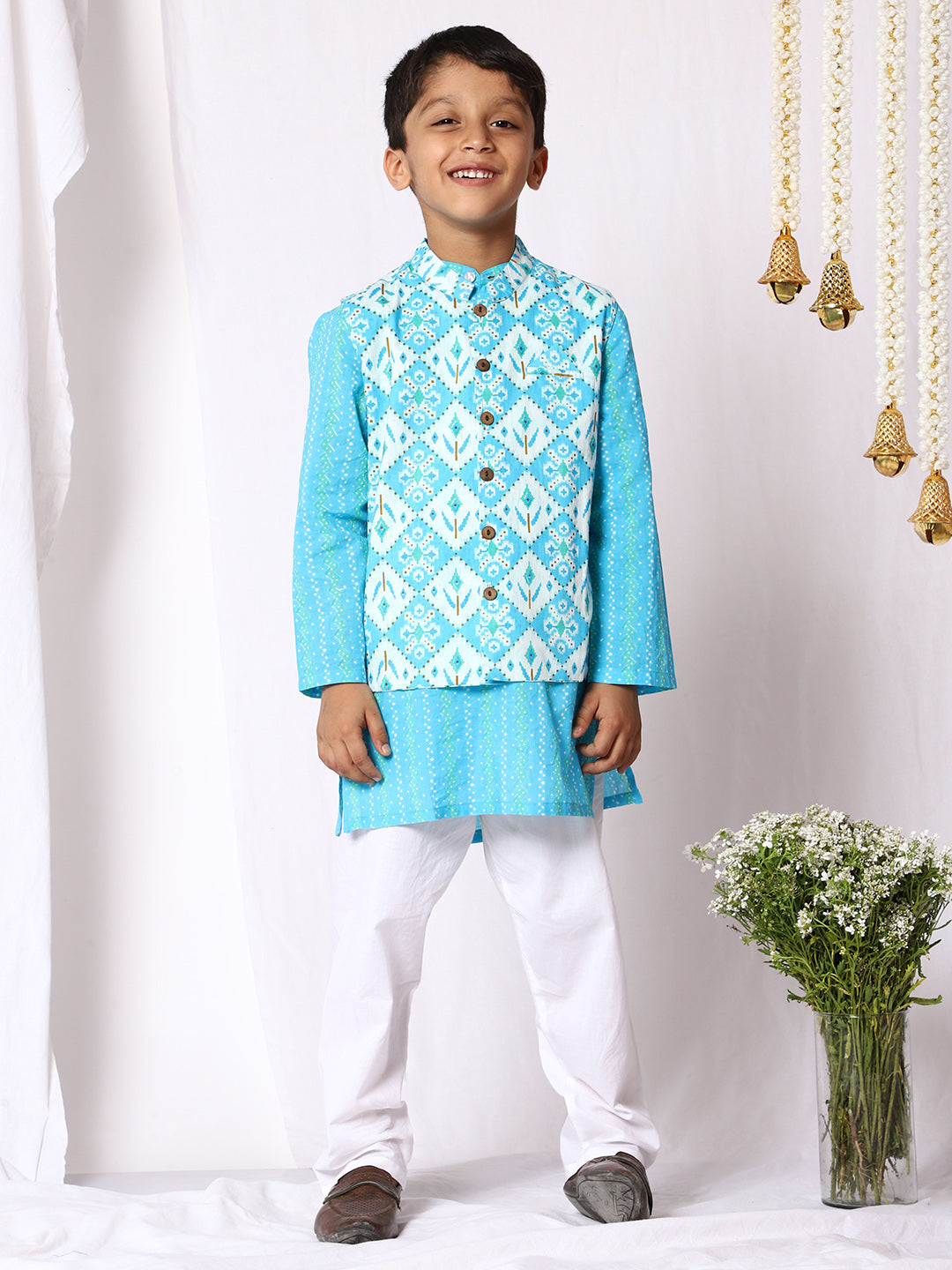 Ishq Boys Cotton Kurta Pajama With Jacket - Blue
