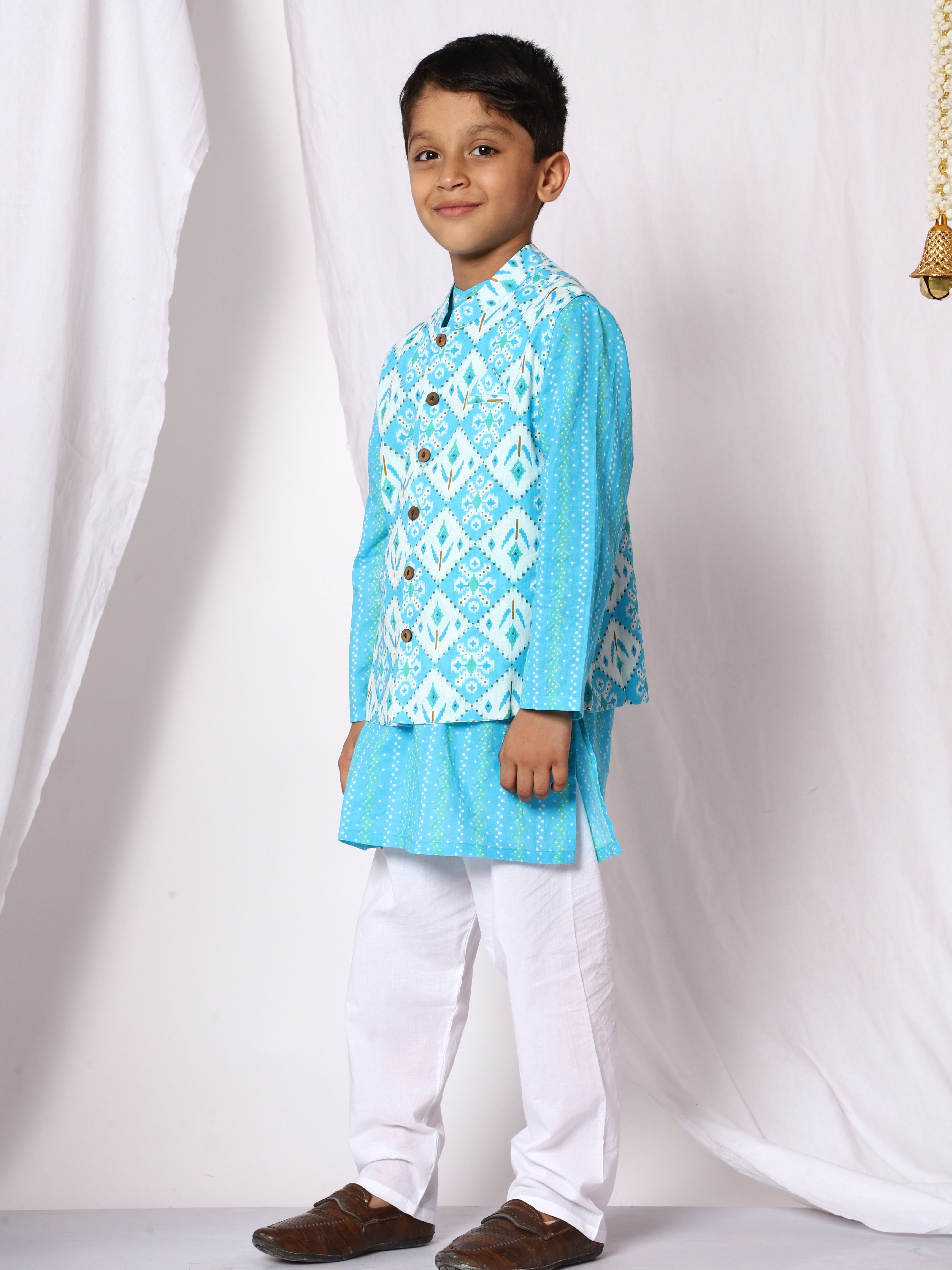 Ishq Boys Cotton Kurta Pajama With Jacket - Blue