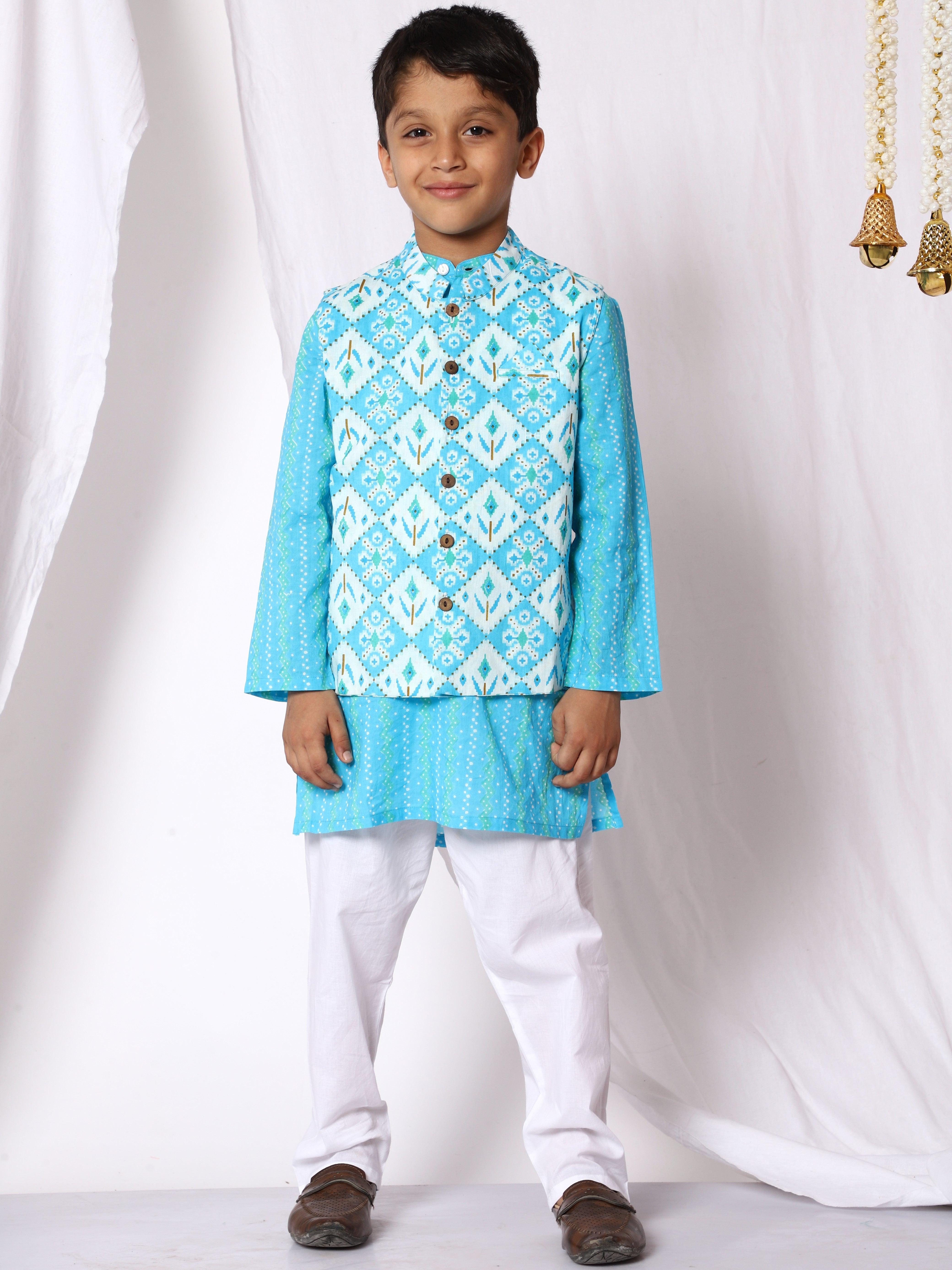 Ishq Boys Cotton Kurta Pajama With Jacket - Blue