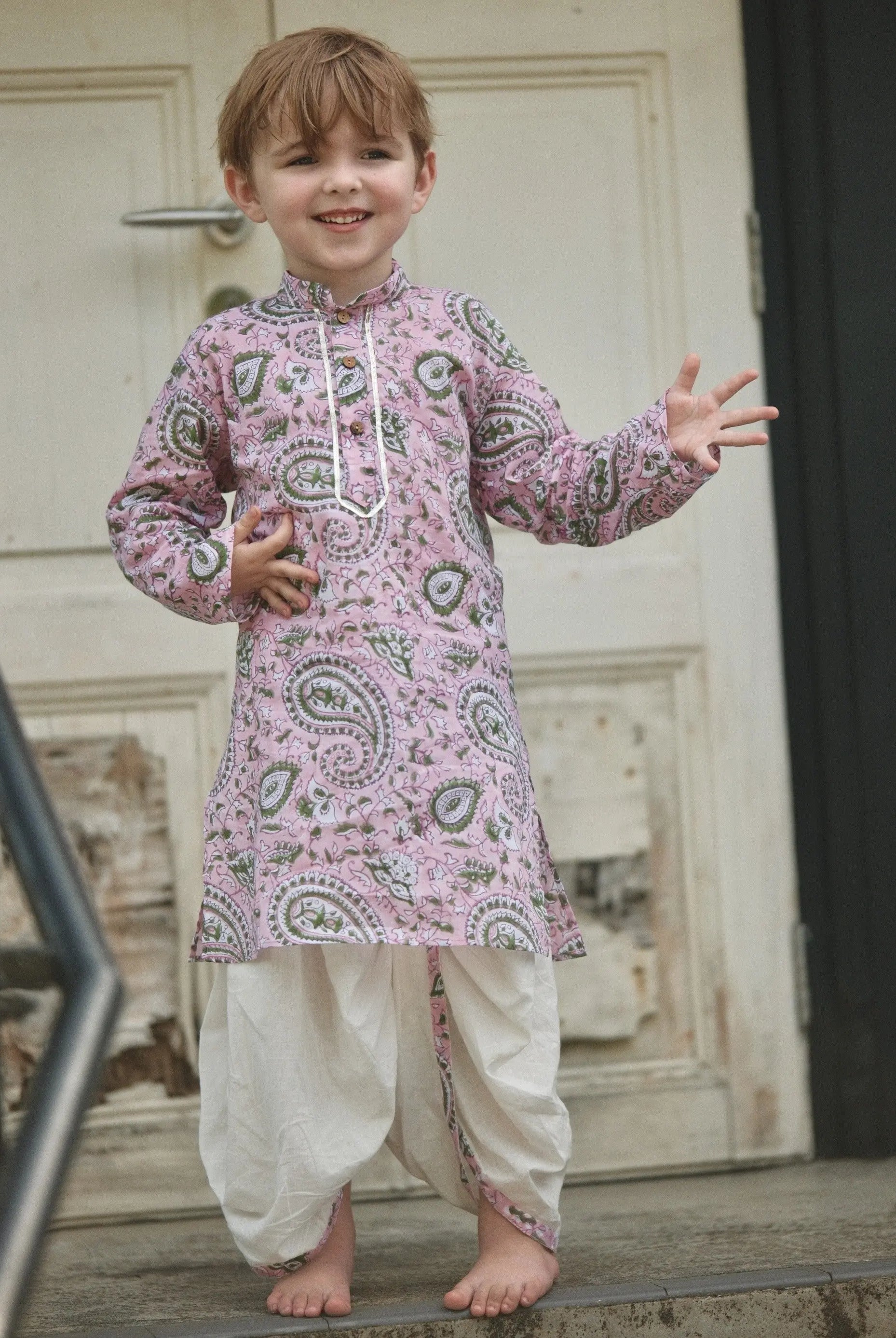 Kali Pink Boys Handblock Printed Cotton Kurta Dhoti