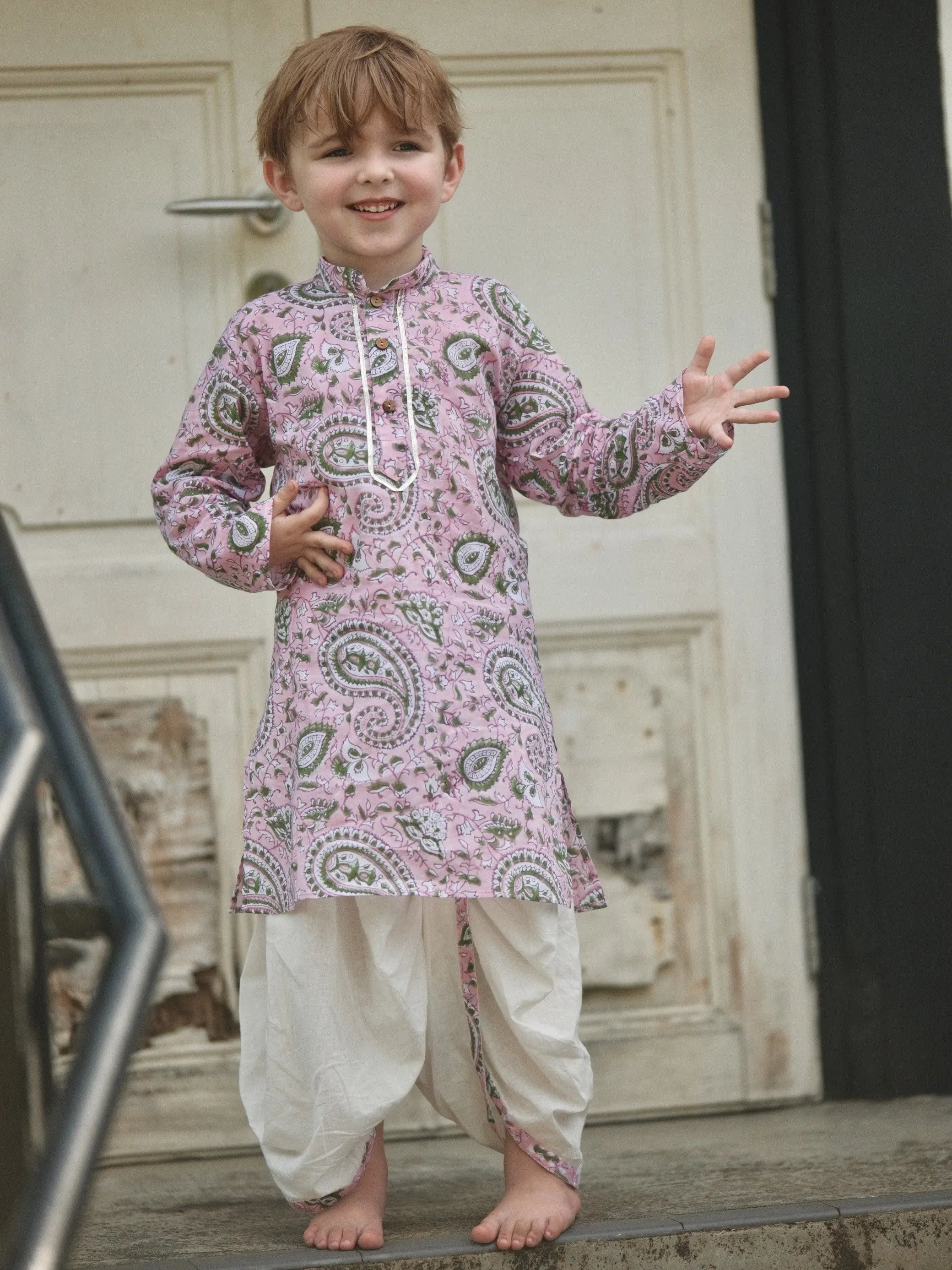 Kali Pink Boys Handblock Printed Cotton Kurta Dhoti