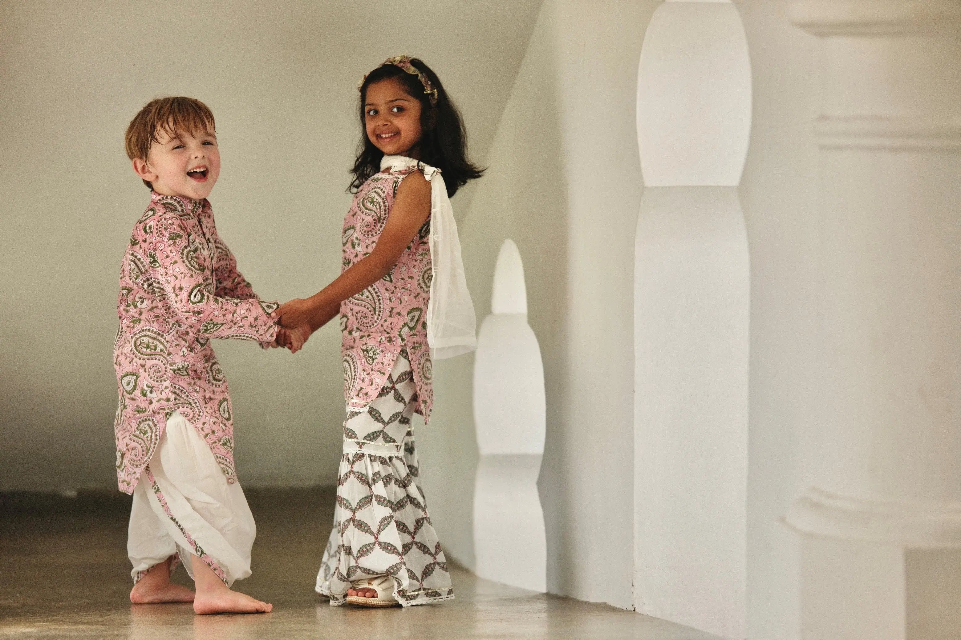 Kali Pink Boys Handblock Printed Cotton Kurta Dhoti 7