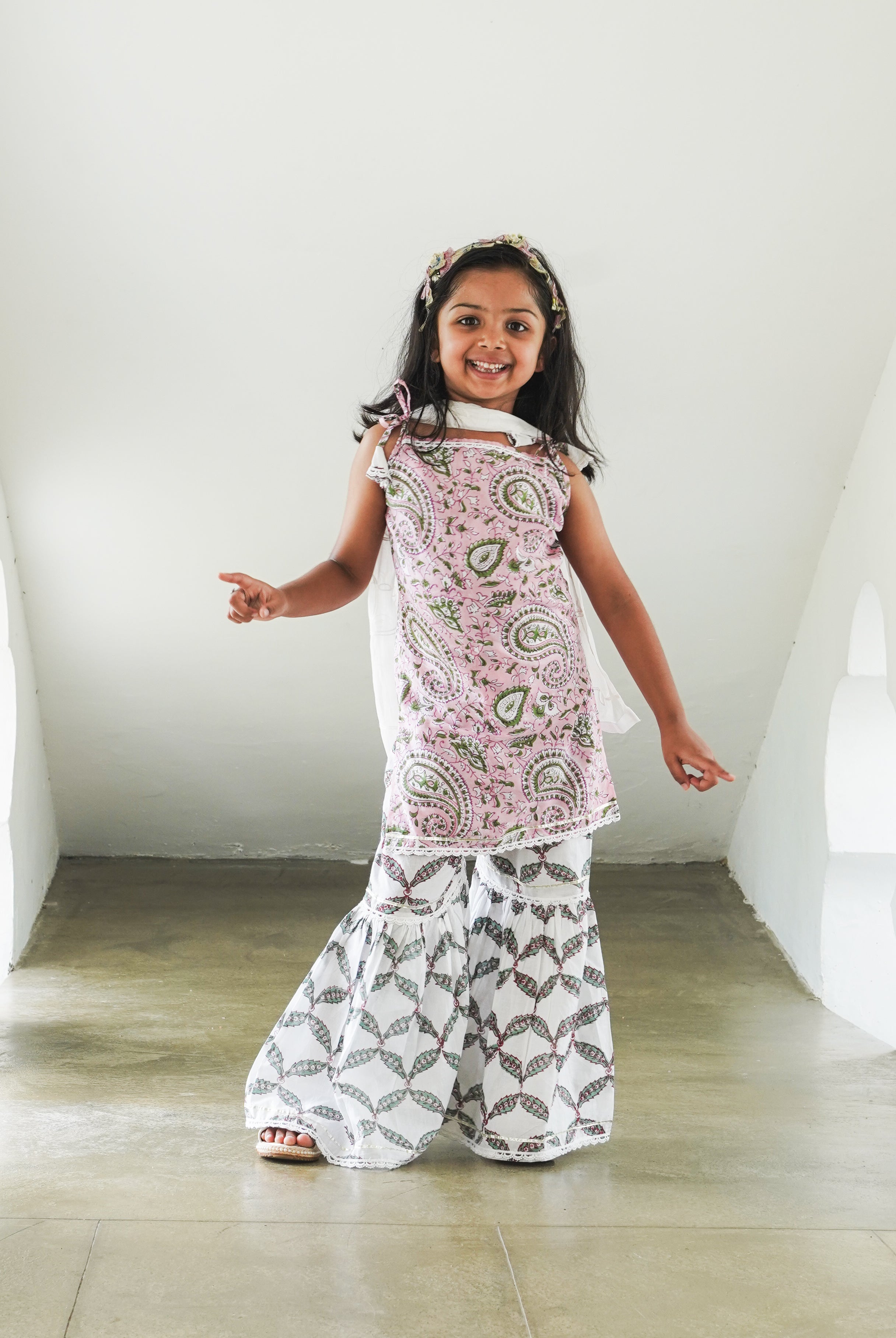 Kali Pink Handblock Floral Girls Sharara Kurti in Cotton 1