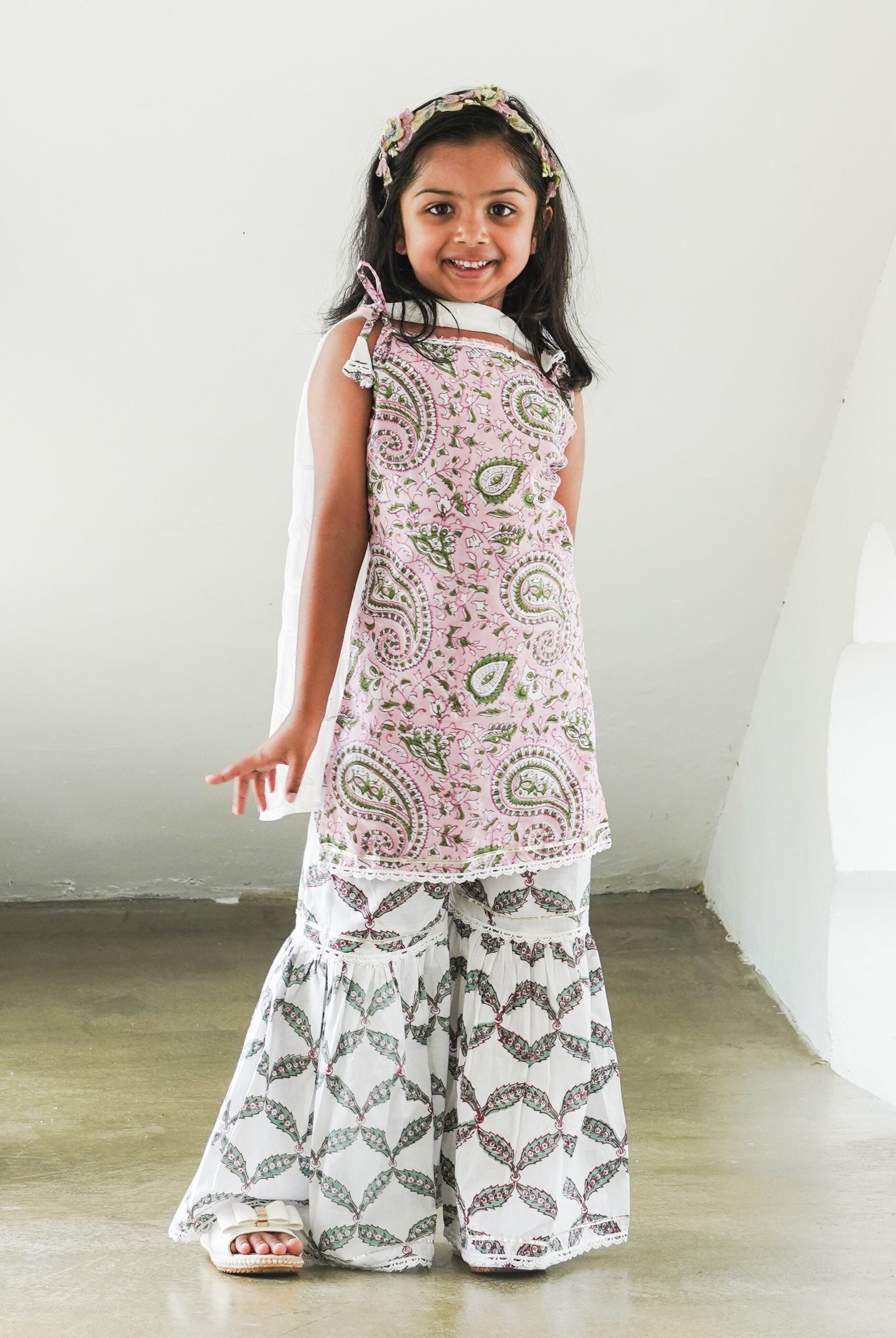 Kali Pink Handblock Floral Girls Sharara Kurti in Cotton 2