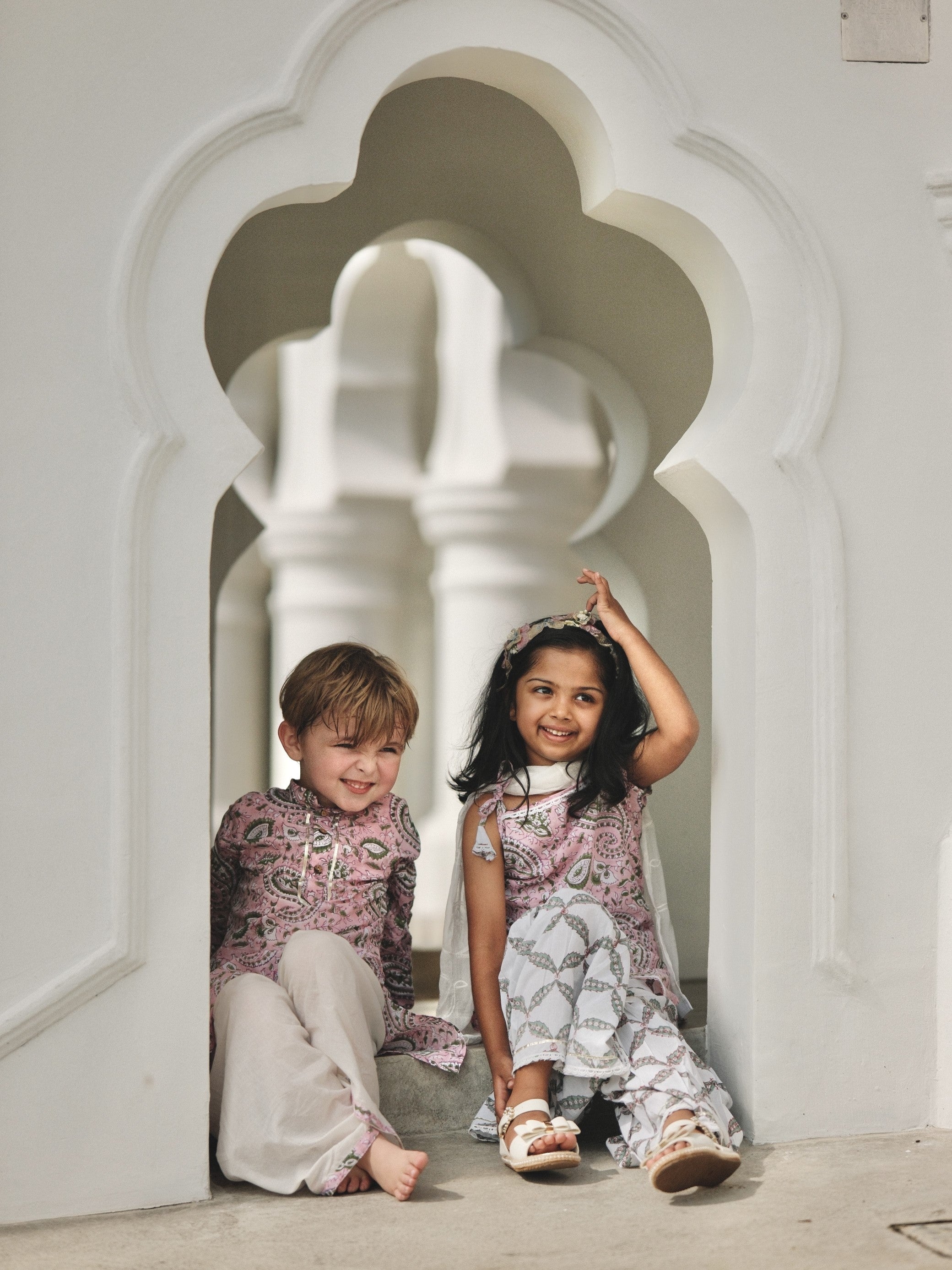 Kali Pink Handblock Floral Girls Sharara Kurti in Cotton 3