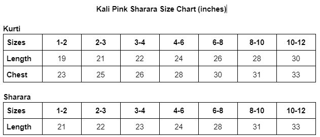 Kali Pink Handblock Floral Girls Sharara Kurti in Cotton size chart
