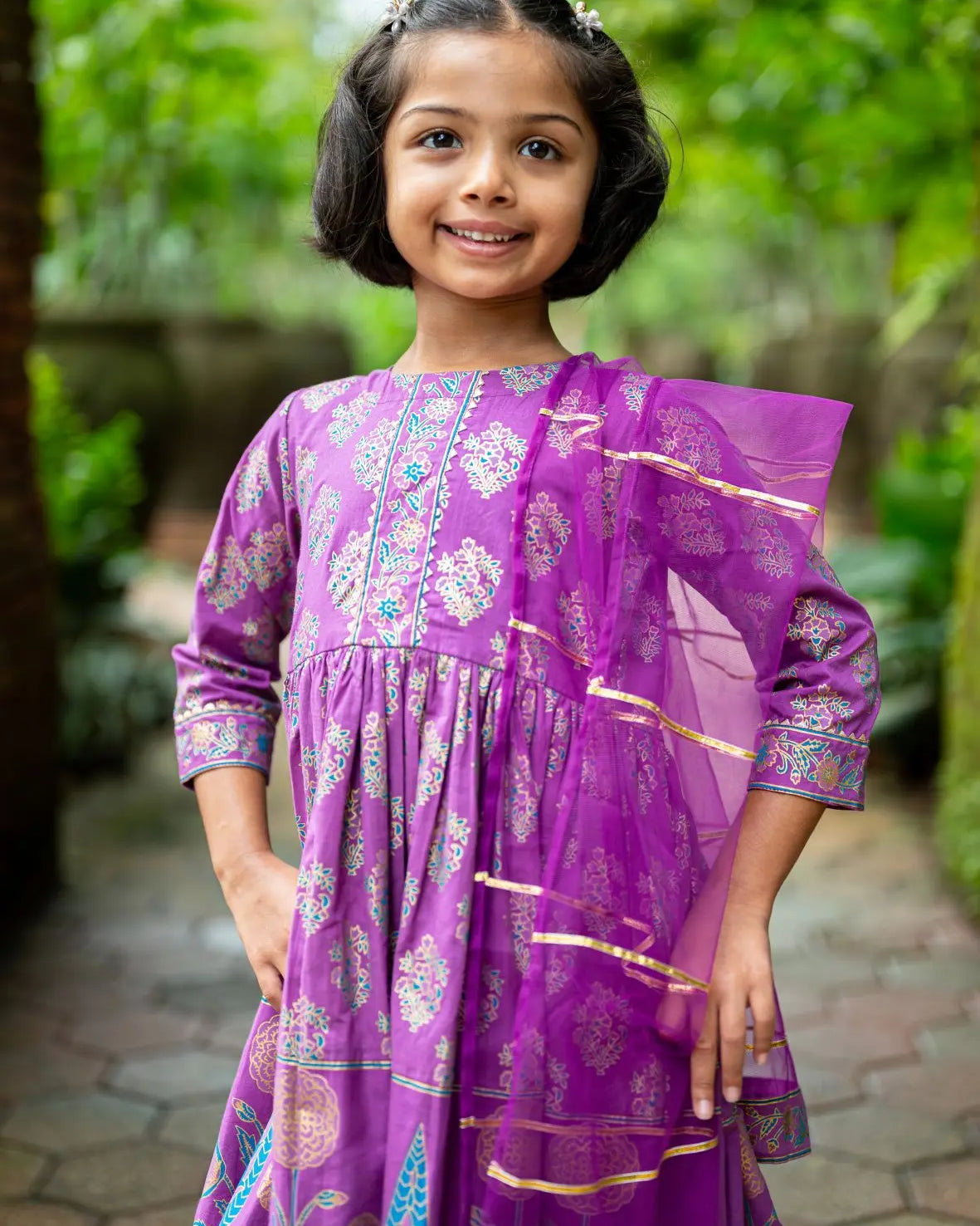 Kiara Girl's Purple Anarkali Kurta Pant with Dupatta Set Nimbu