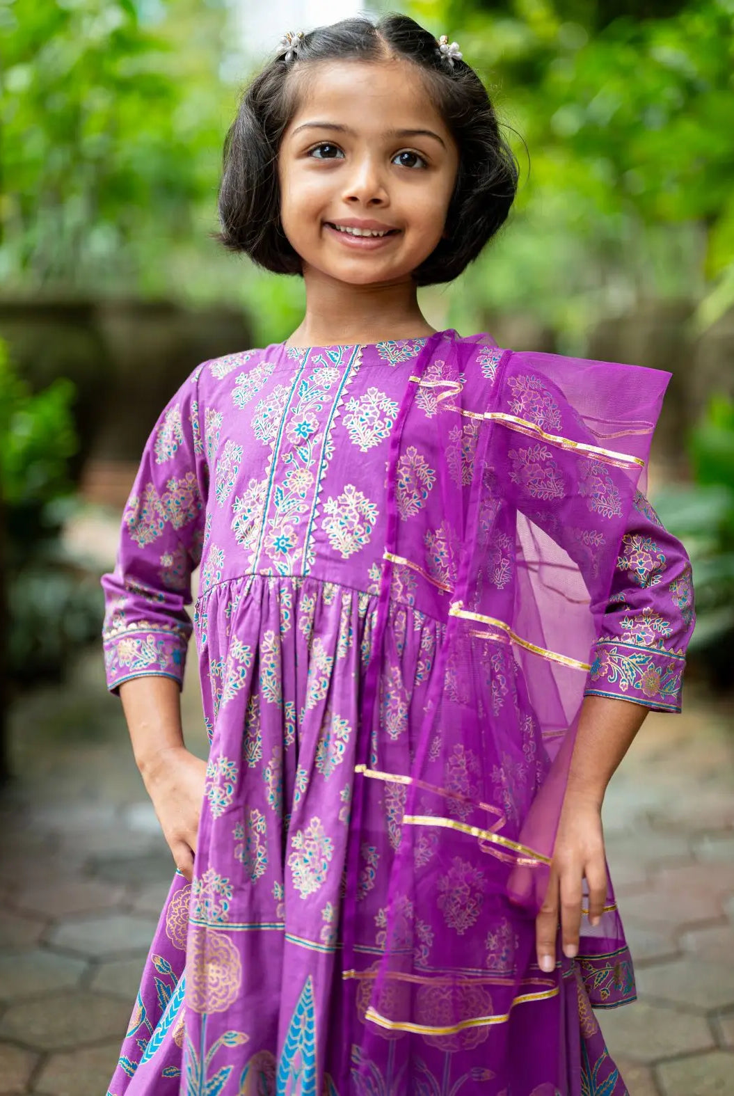 Kiara Girl's Purple Anarkali Kurta Pant with Dupatta Set Nimbu