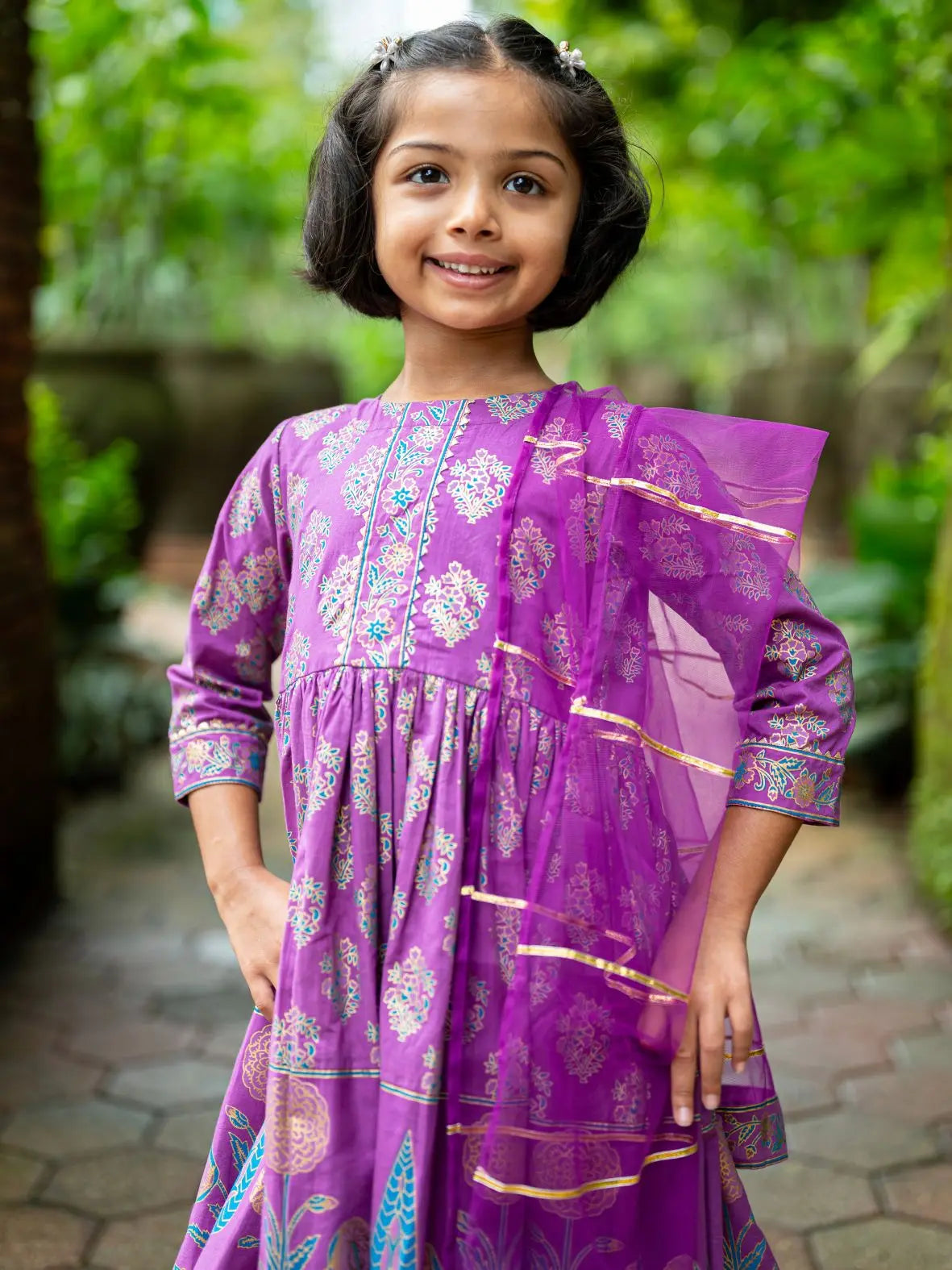 Kiara Girl's Purple Anarkali Kurta Pant with Dupatta Set Nimbu