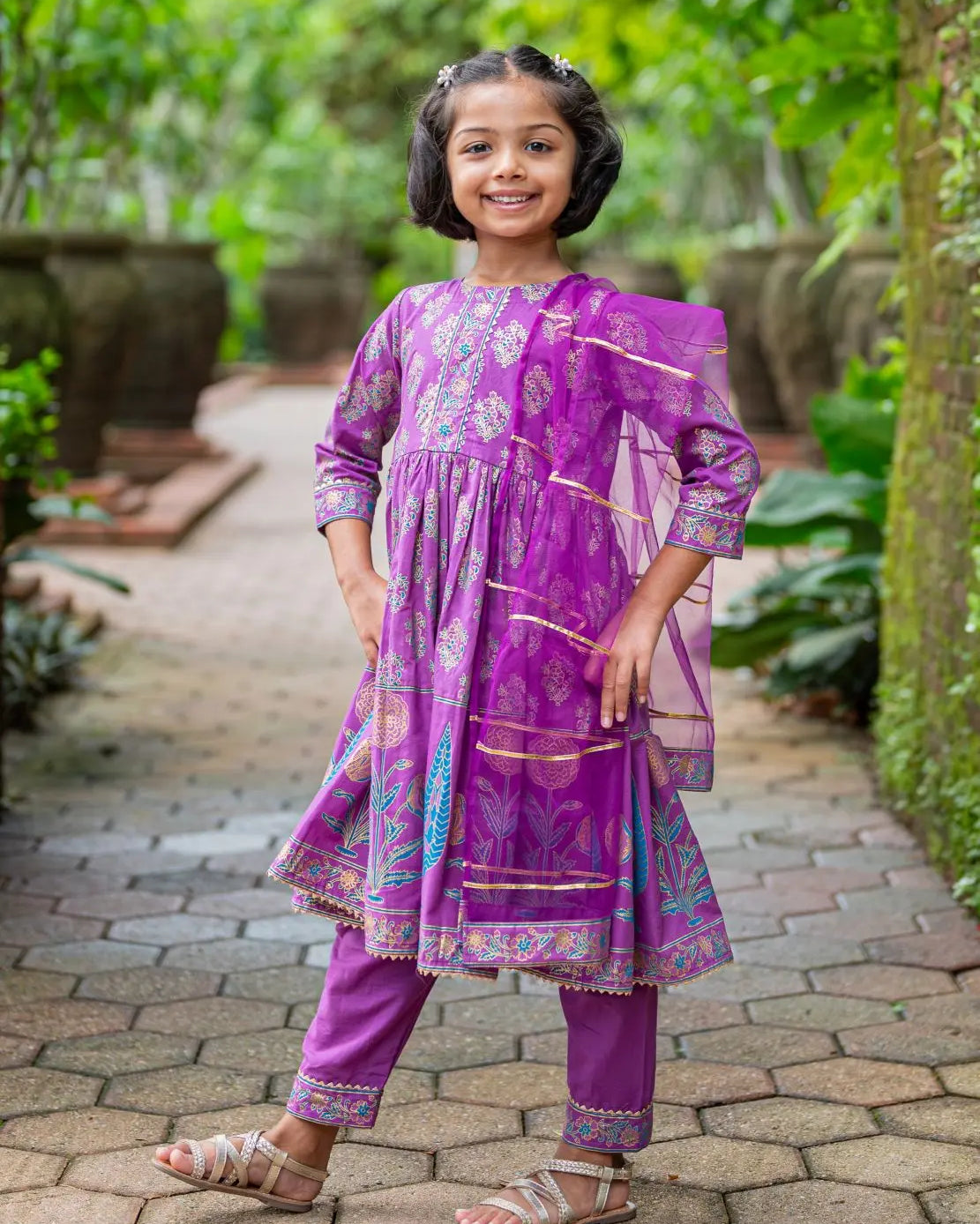 Kiara Girl's Purple Anarkali Kurta Pant with Dupatta Set Nimbu
