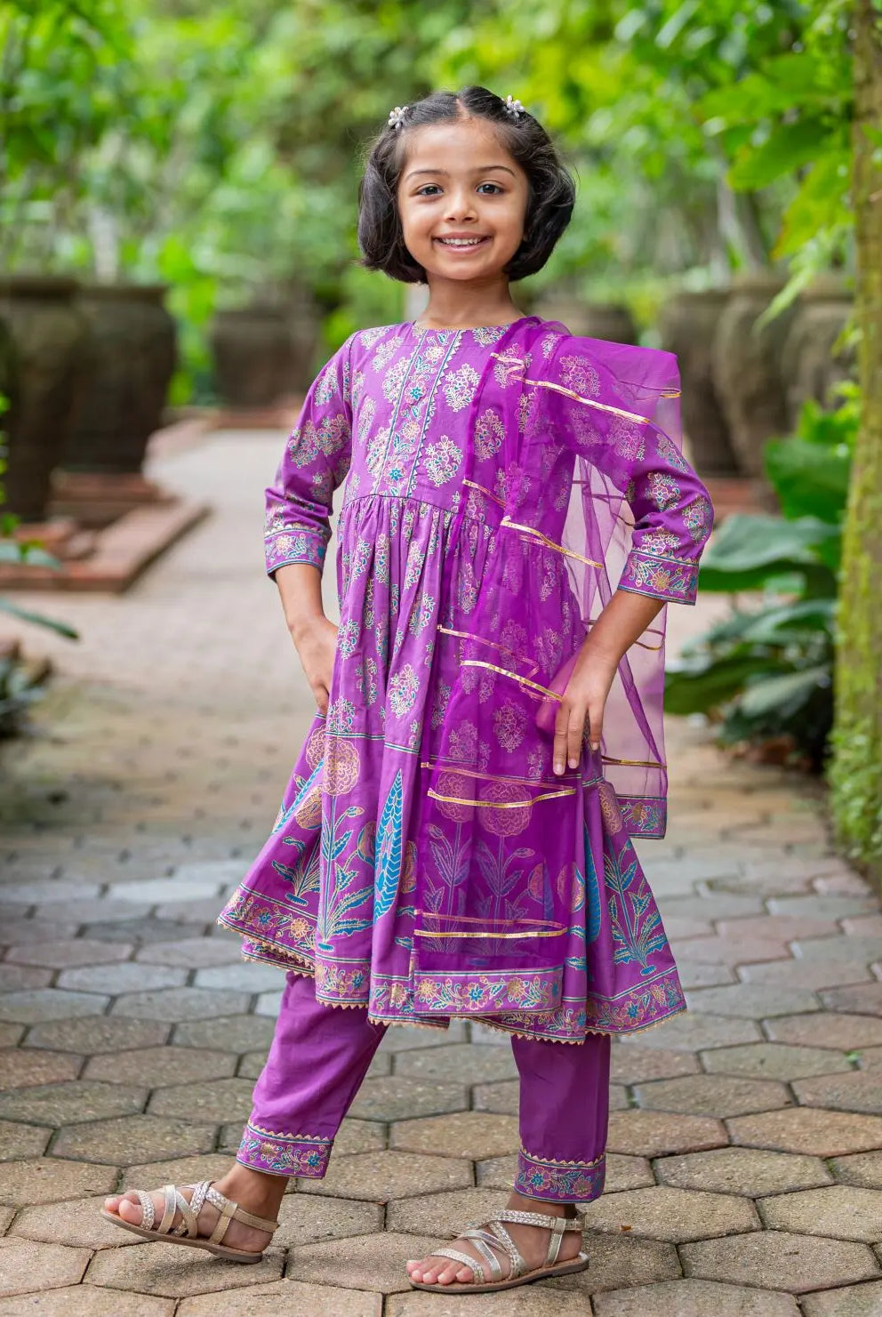 Kiara Girl's Purple Anarkali Kurta Pant with Dupatta Set Nimbu