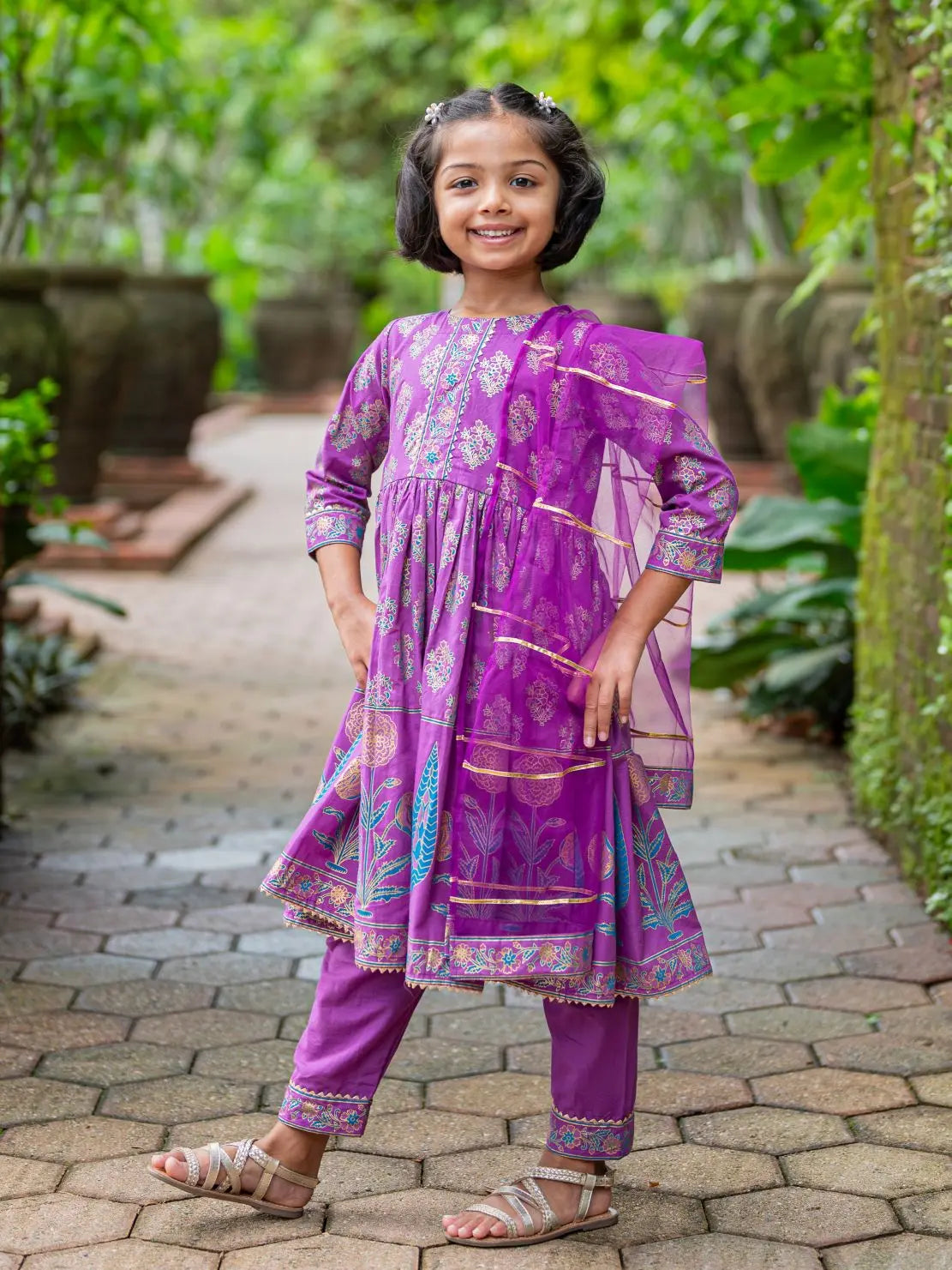 Kiara Girl's Purple Anarkali Kurta Pant with Dupatta Set Nimbu