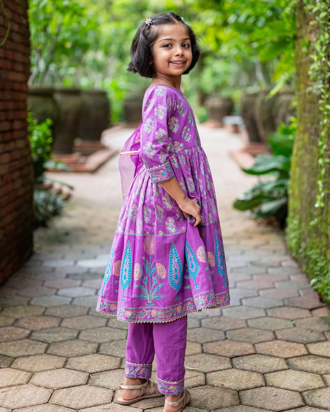 Kiara Girl's Purple Anarkali Kurta Pant with Dupatta Set Nimbu