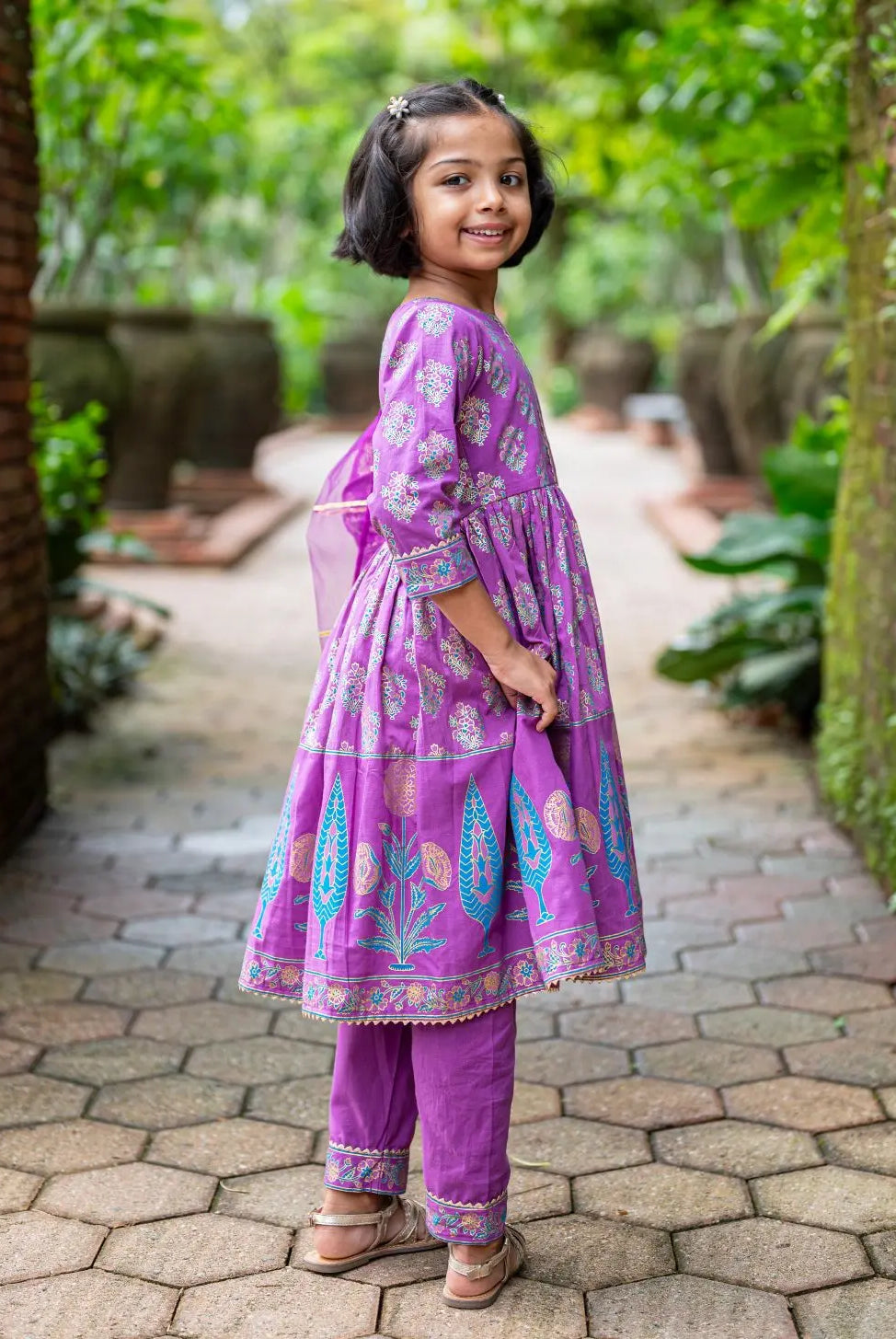 Kiara Girl's Purple Anarkali Kurta Pant with Dupatta Set Nimbu
