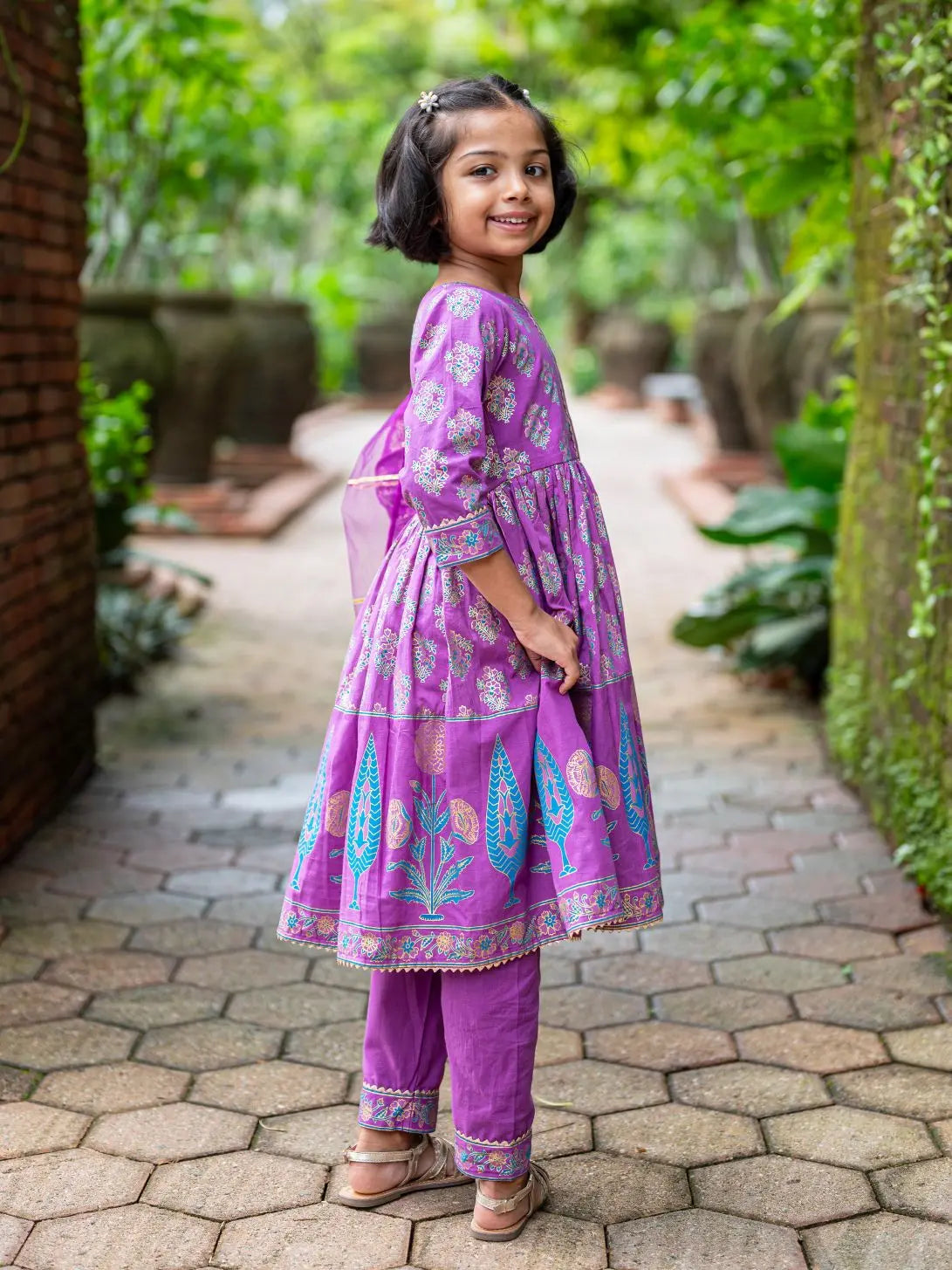Kiara Girl's Purple Anarkali Kurta Pant with Dupatta Set Nimbu