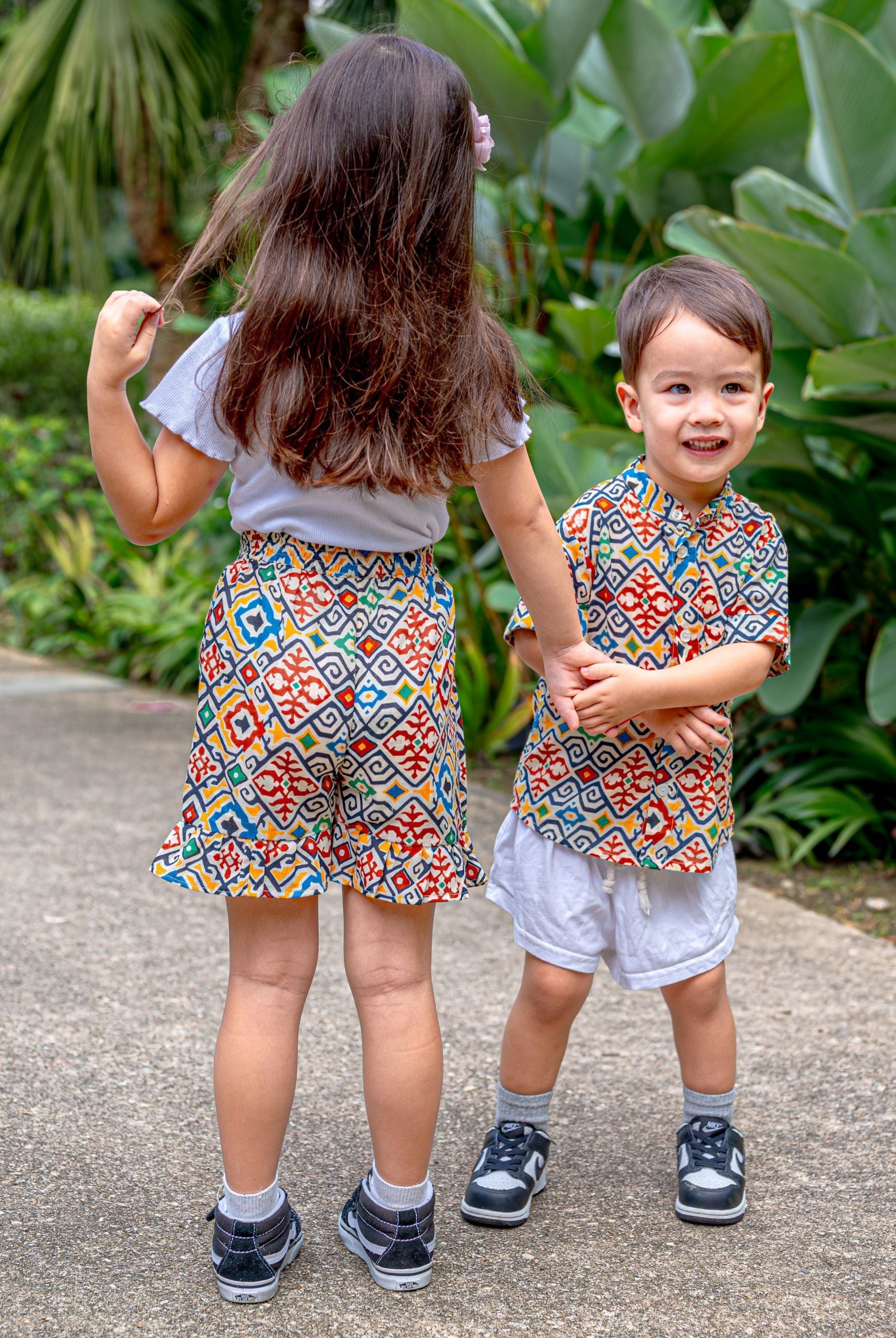 Spain Girls Cotton Skorts and Spain Kids Unisex Cotton Shirt in Mandarin Collar - Nimbu Kids