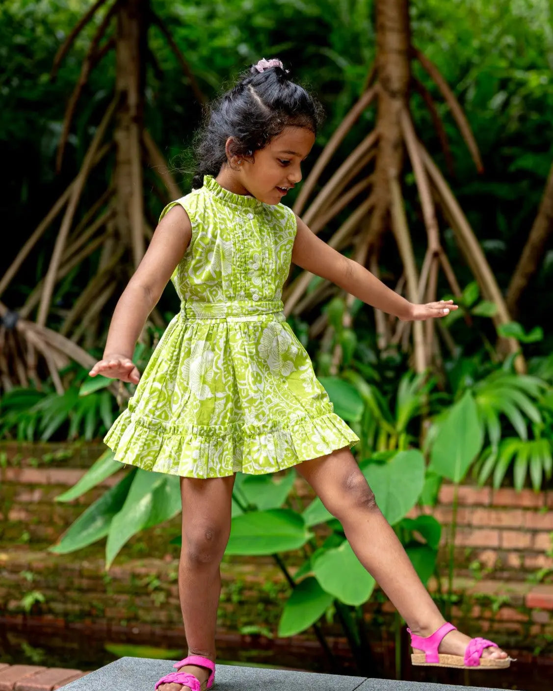 Kyra Girls Pintuck Dress in Lime Green Nimbu