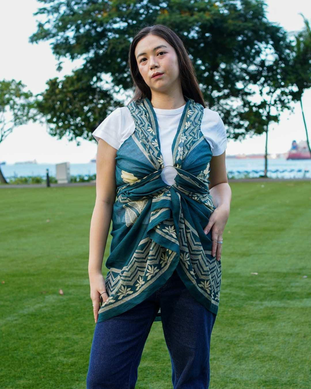 Indigo flower print sustainable cotton kimono styled over white tee, casual women's free size layered look.