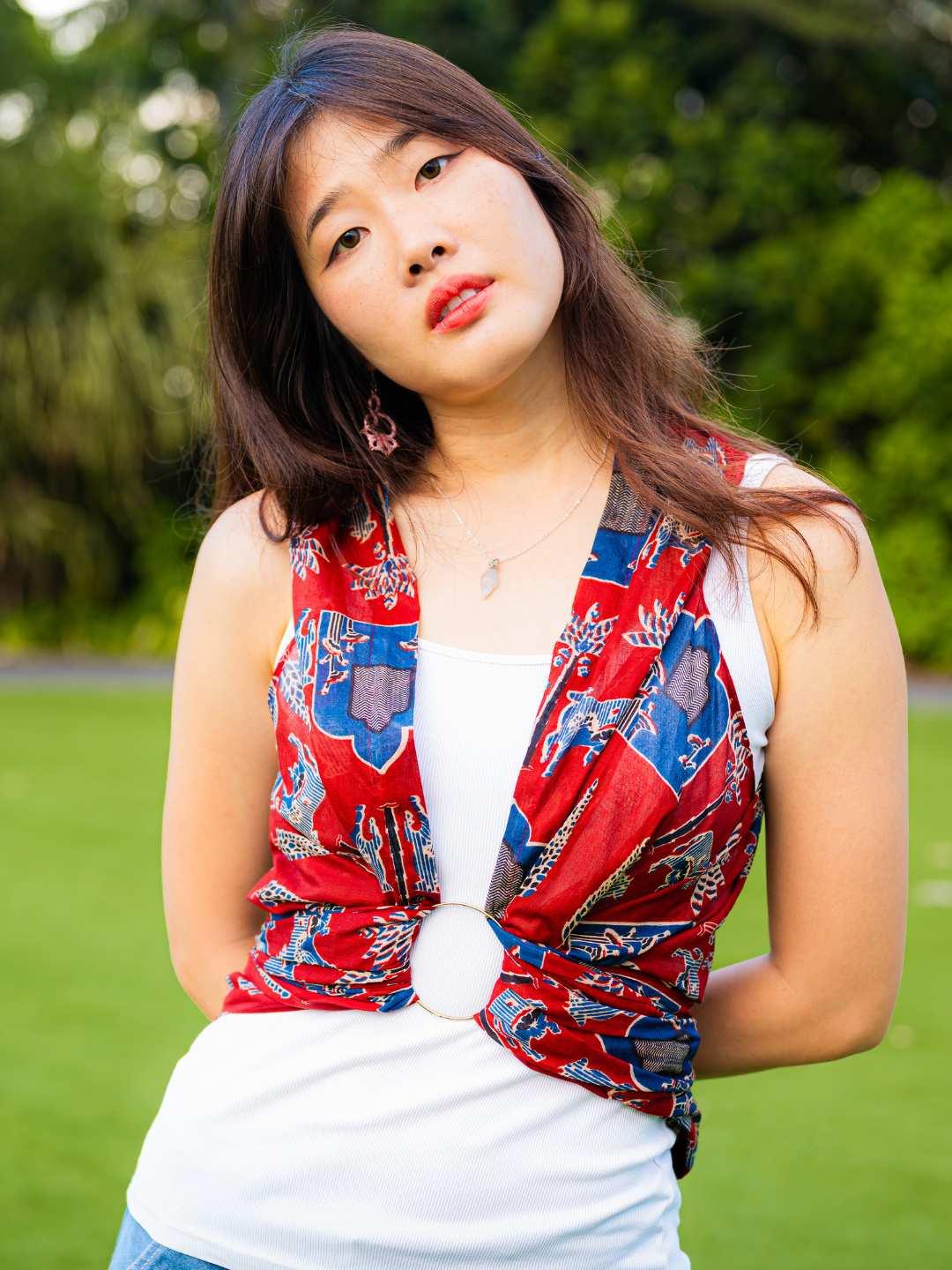 Royal maroon sustainable cotton kimono with blue floral print and ring detail, designed for women, free size.