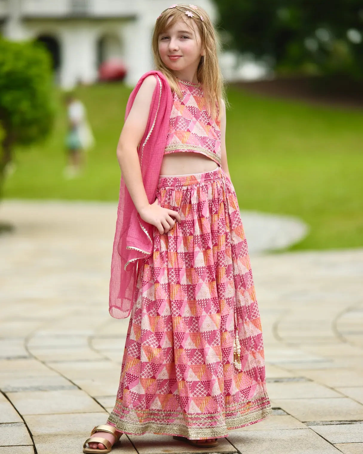 Mehak Pink Girls Sleeveless Sequinned Lehenga Set with Dupatta in Cotton Nimbu