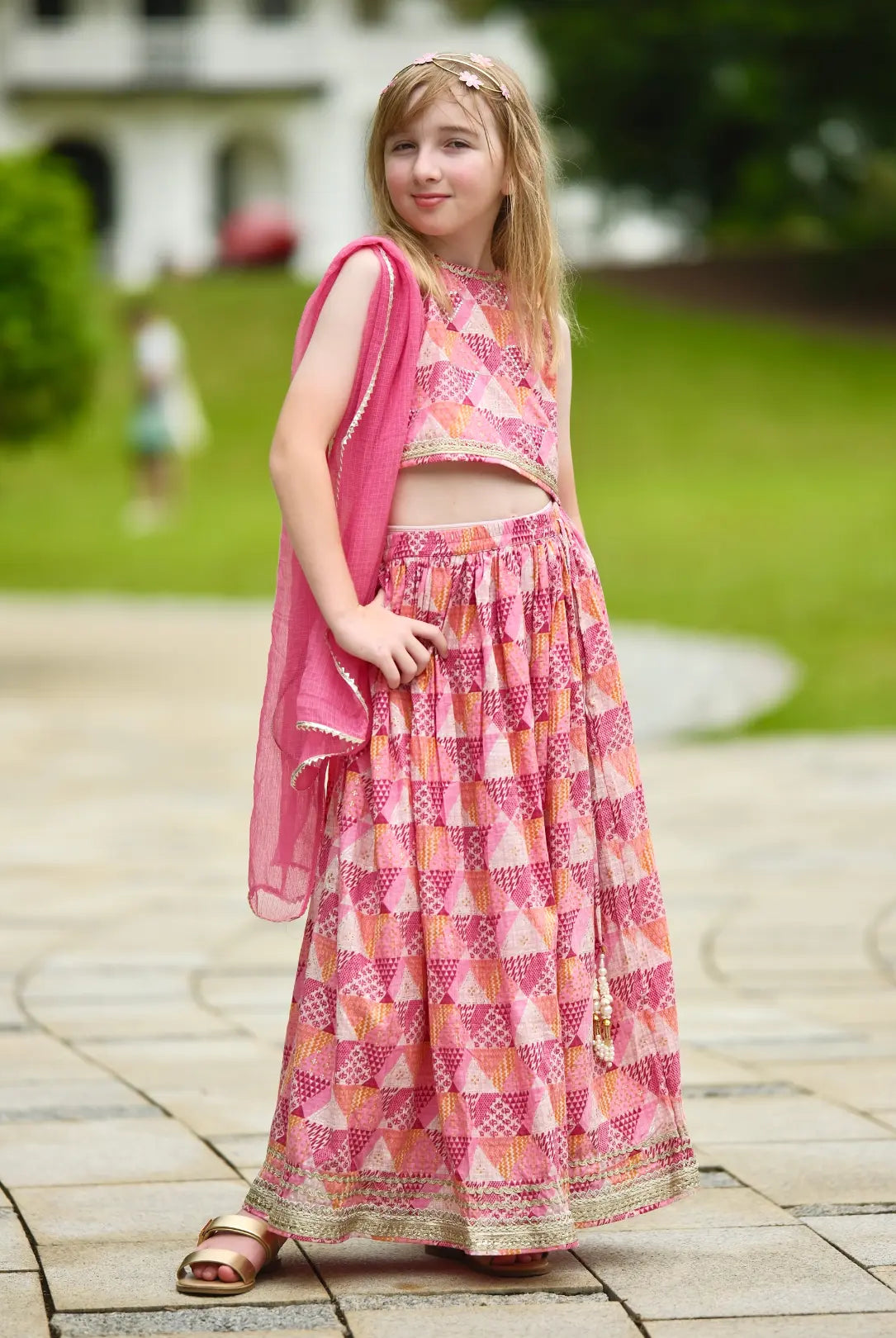 Mehak Pink Girls Sleeveless Sequinned Lehenga Set with Dupatta in Cotton Nimbu