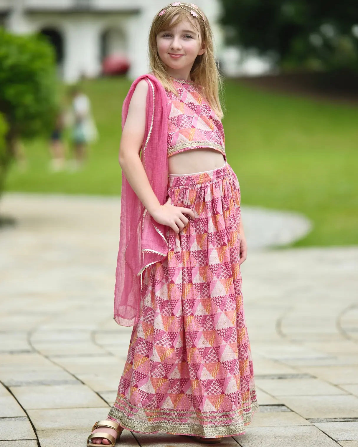 Mehak Pink Girls Sleeveless Sequinned Lehenga Set with Dupatta in Cotton Nimbu